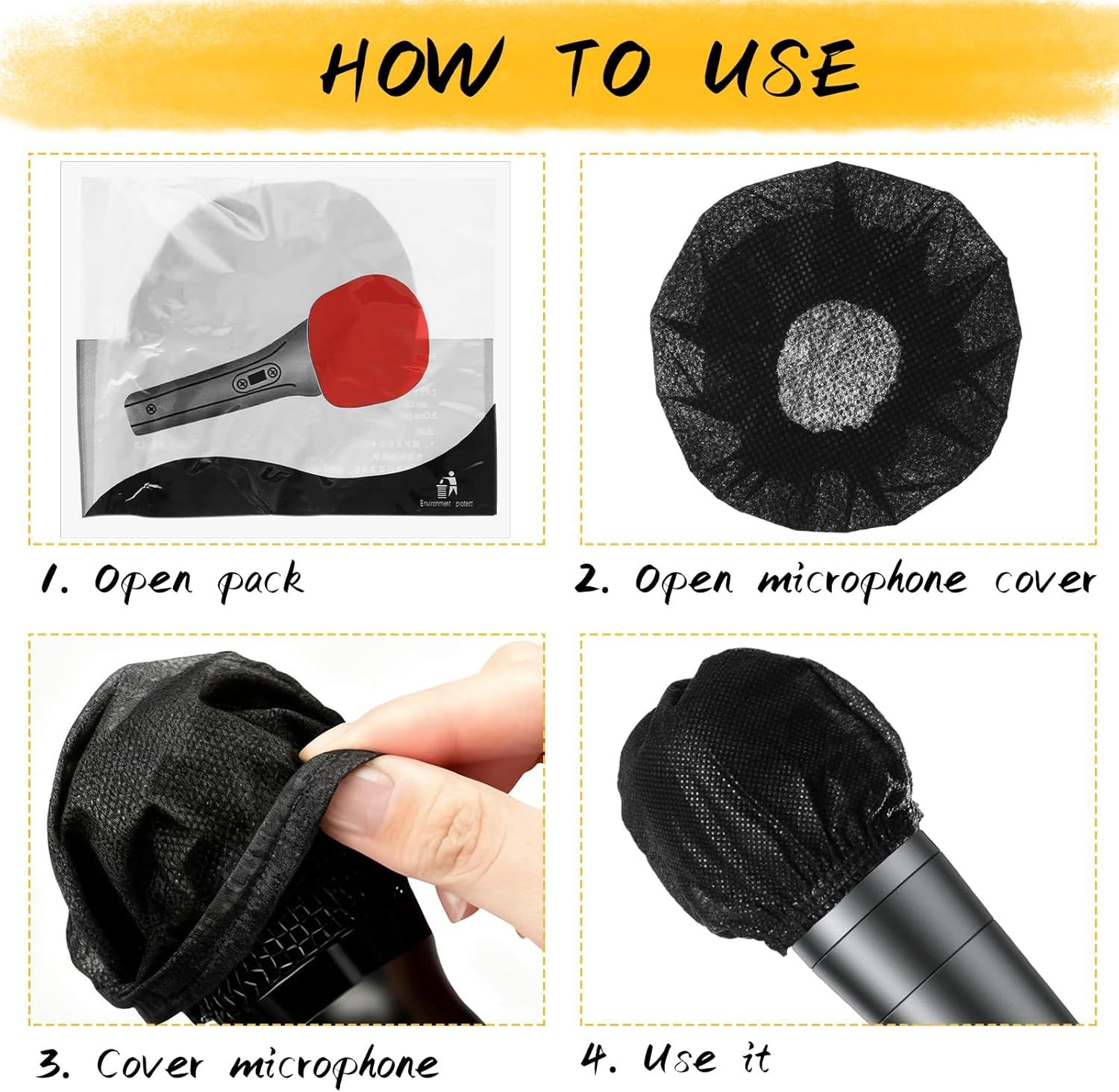 Provides clear step-by-step instructions on how to open the package and install the microphone cover, reducing friction during product setup and answering how the product works.