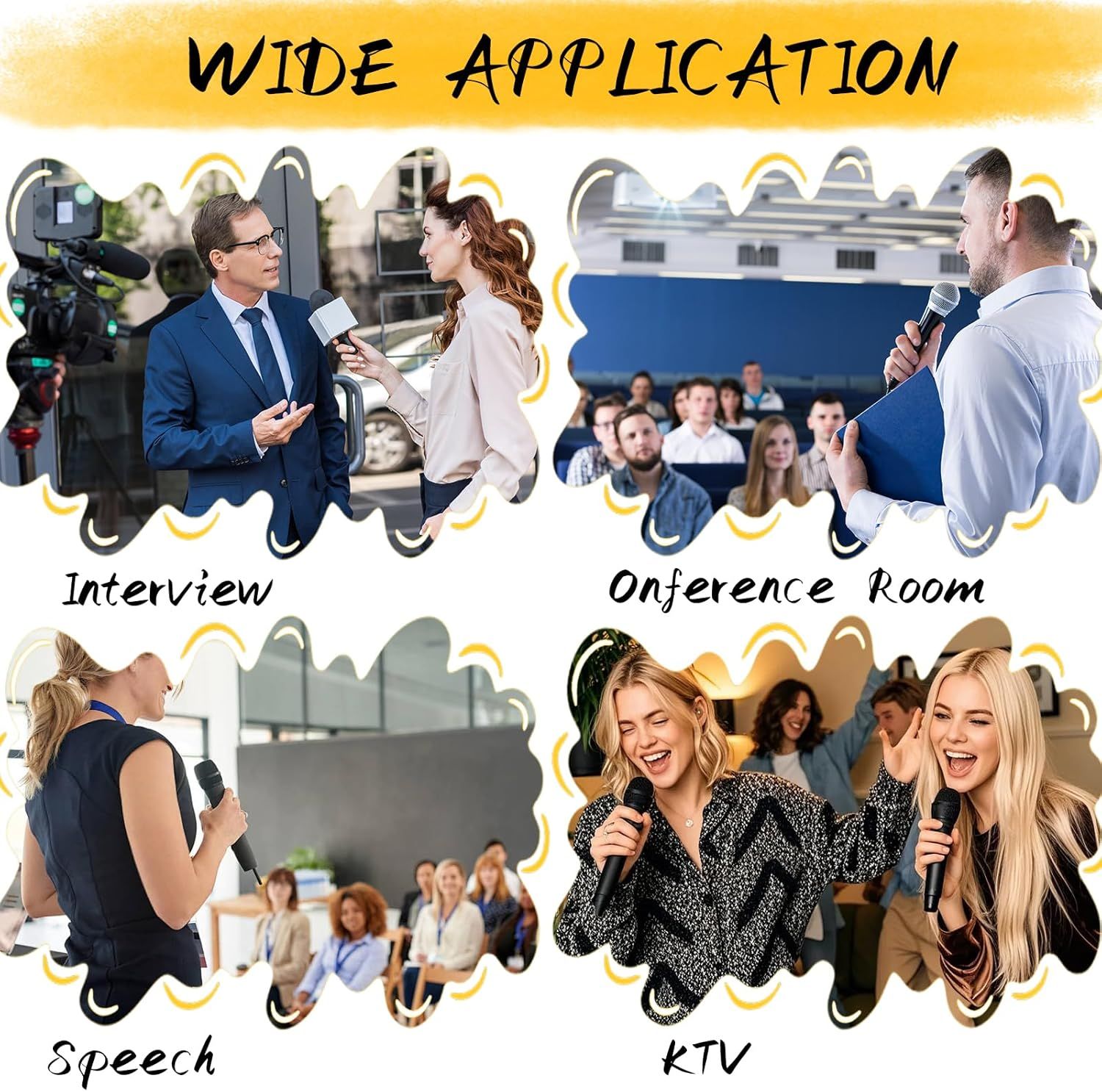 Demonstrates the versatility of the product by showing it can be used in various professional and entertainment settings including interviews, conference rooms, speeches, and karaoke.