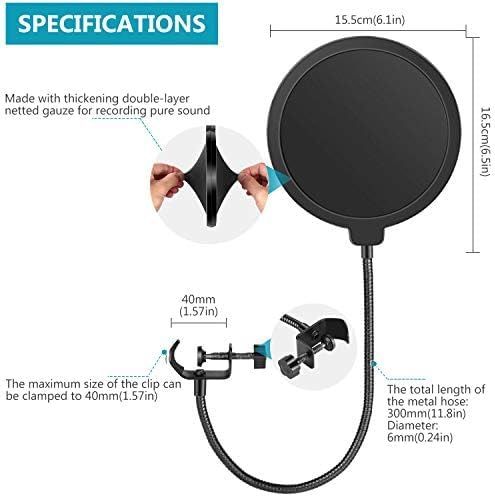 This image breaks down the microphone pop filter by showing precise measurements and highlighting key components like the double-layer gauze, clip capacity, and flexible hose dimensions to help…