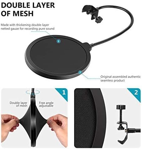 Showcases multiple key features of the pop filter including its double-layer mesh construction for sound quality, adjustable gooseneck positioning, and authentic product design to help shoppers…