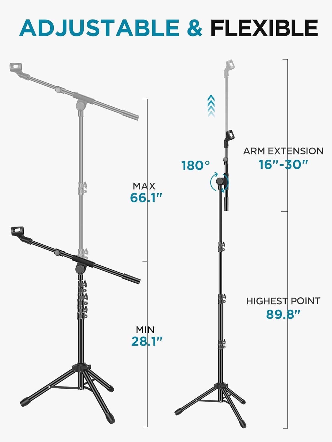 Communicates the microphone stand's versatility through multiple adjustable features including height range, arm extension, and rotation angle to help shoppers understand its flexibility for…