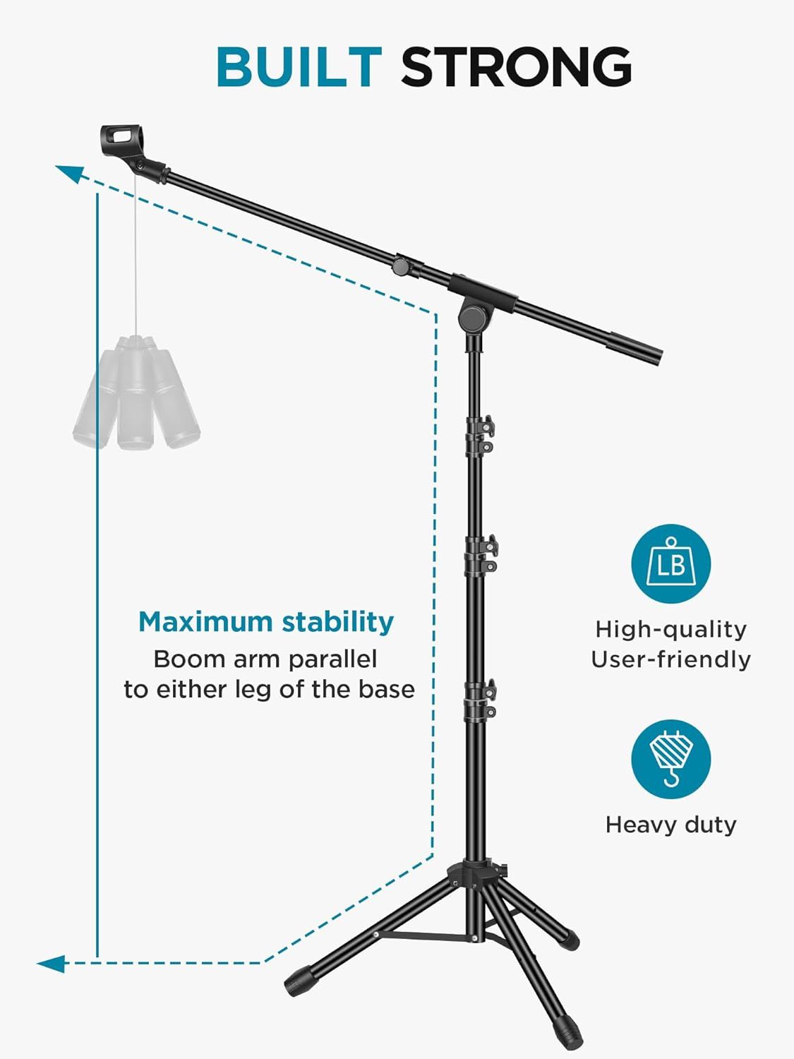 Communicates multiple key benefits of the microphone stand including its stability design, high quality construction, user-friendliness, and heavy-duty durability to reassure buyers of its…