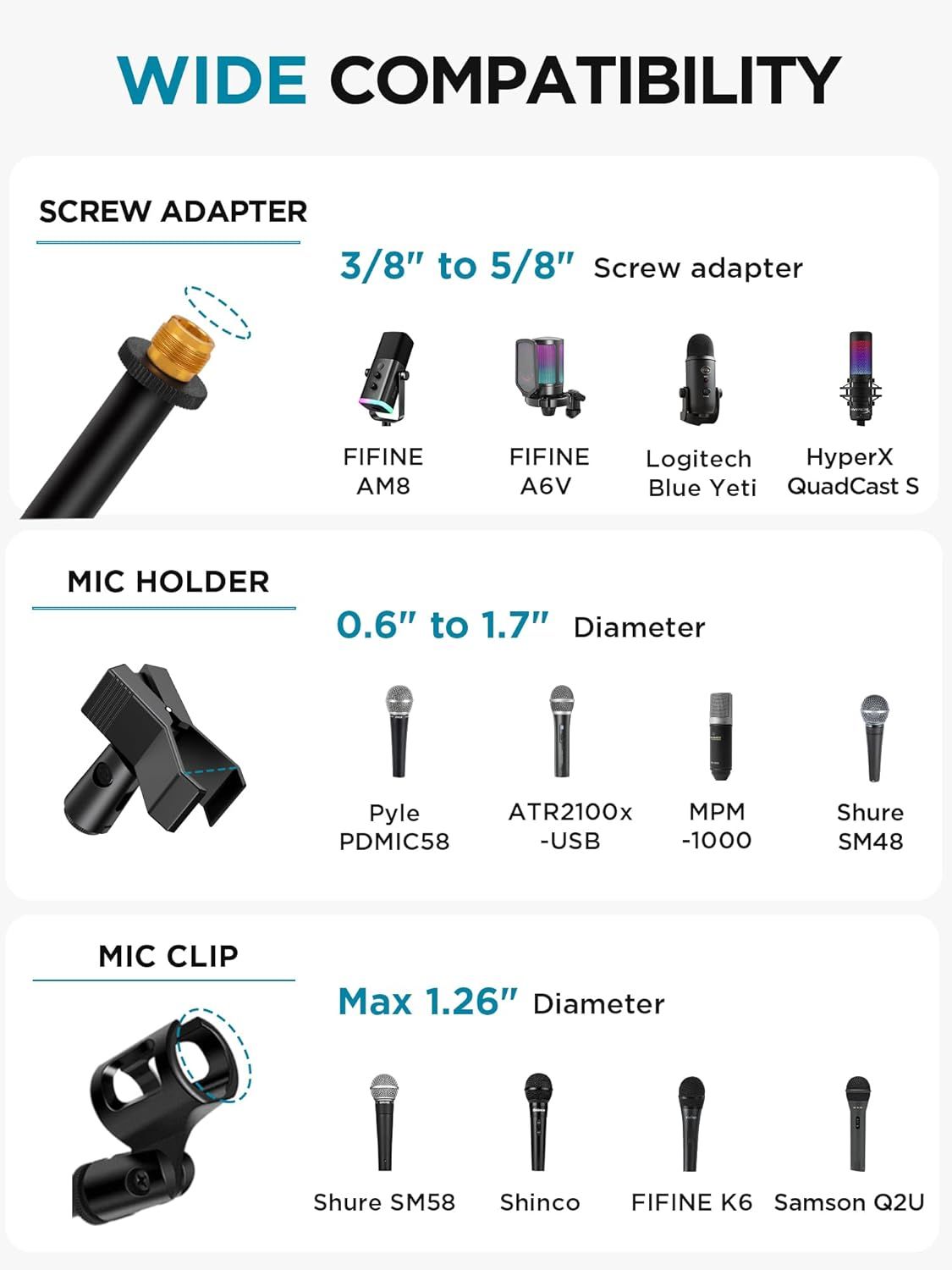 Demonstrates the product's compatibility with various microphone brands and models, showing shoppers that the product works with their existing equipment through multiple adapter and holder options.