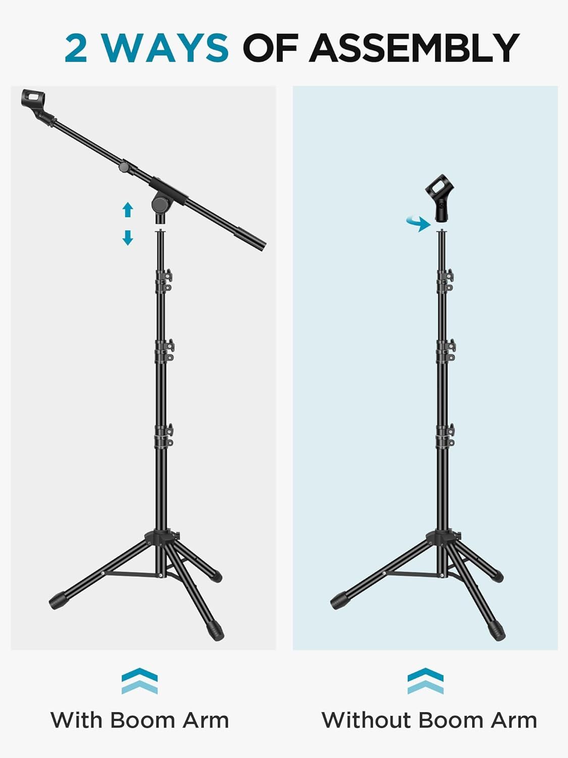 Demonstrates the two different ways the microphone stand can be assembled, either with or without the boom arm, helping customers understand the product's flexibility and setup process.
