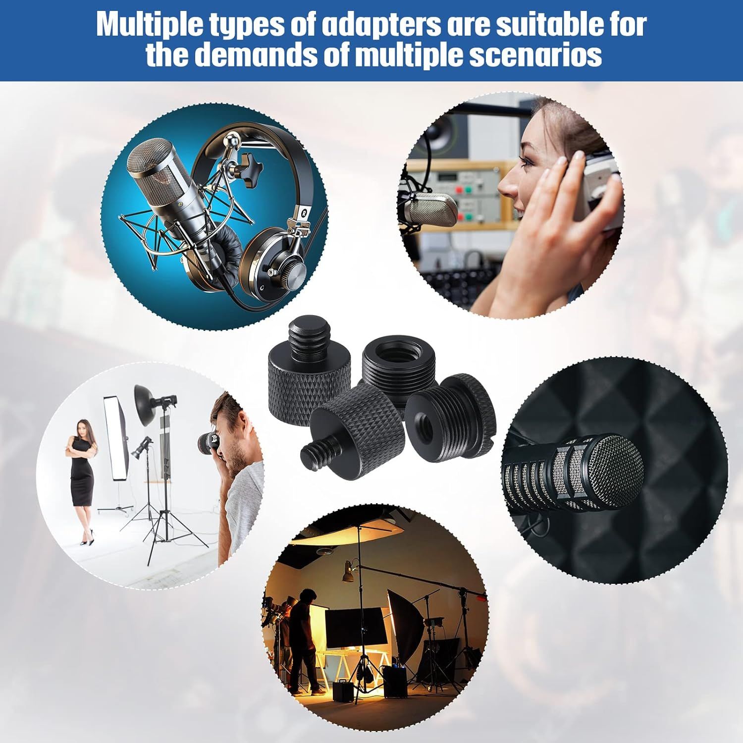 Demonstrates the various professional scenarios where the microphone adapters can be used, including podcasting, broadcasting, photography studios, and video production to showcase product…