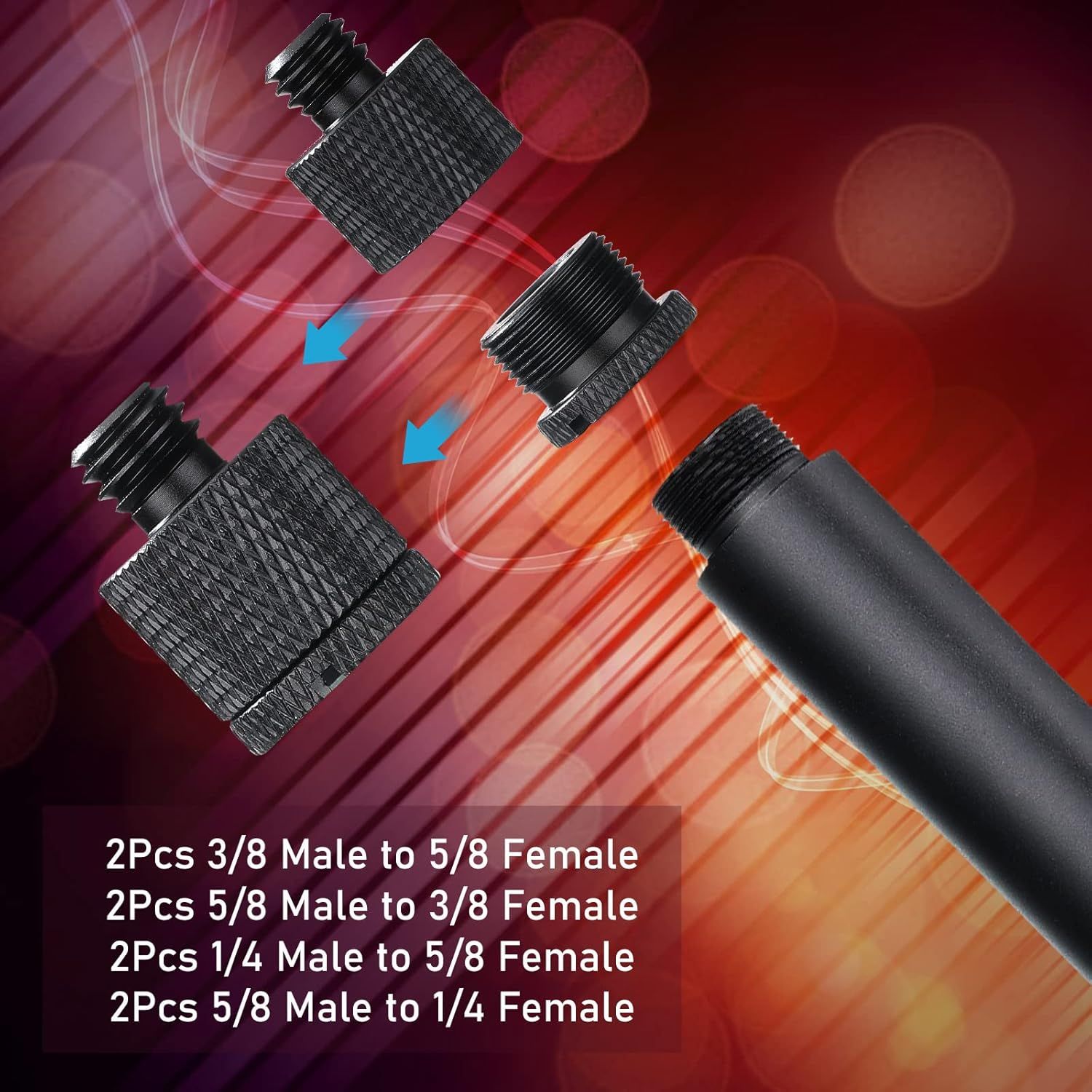 Shows the customer exactly what adapter pieces are included in the package with specific size specifications to eliminate confusion about what they will receive.