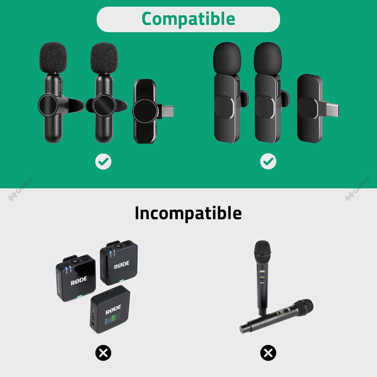 Shows which wireless microphone models are compatible and incompatible with the product to help shoppers avoid purchasing the wrong accessories.