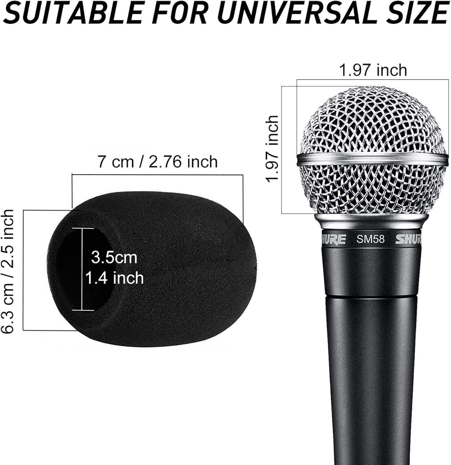 Communicates the exact dimensions of the microphone windscreen and microphone to help shoppers understand the size and confirm compatibility with their equipment.