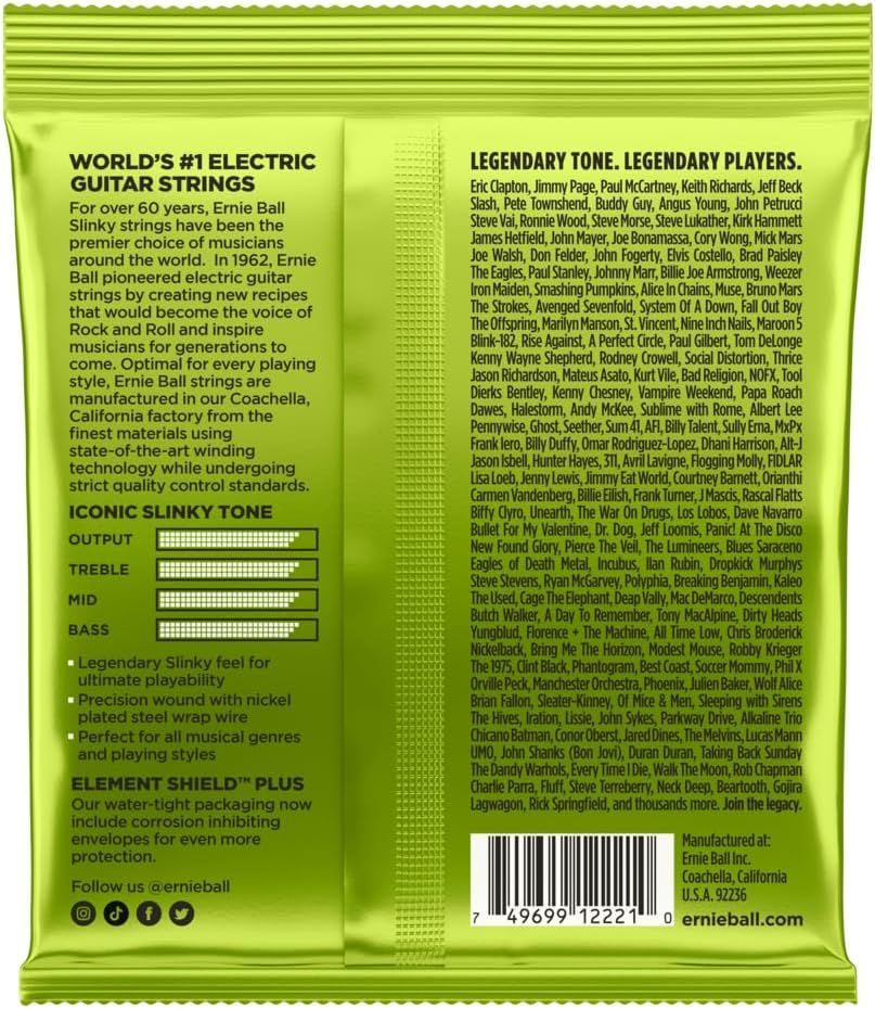Communicates multiple key features and benefits of the guitar strings including their legendary tone, construction quality, versatility across genres, and protective packaging to convince shoppers…