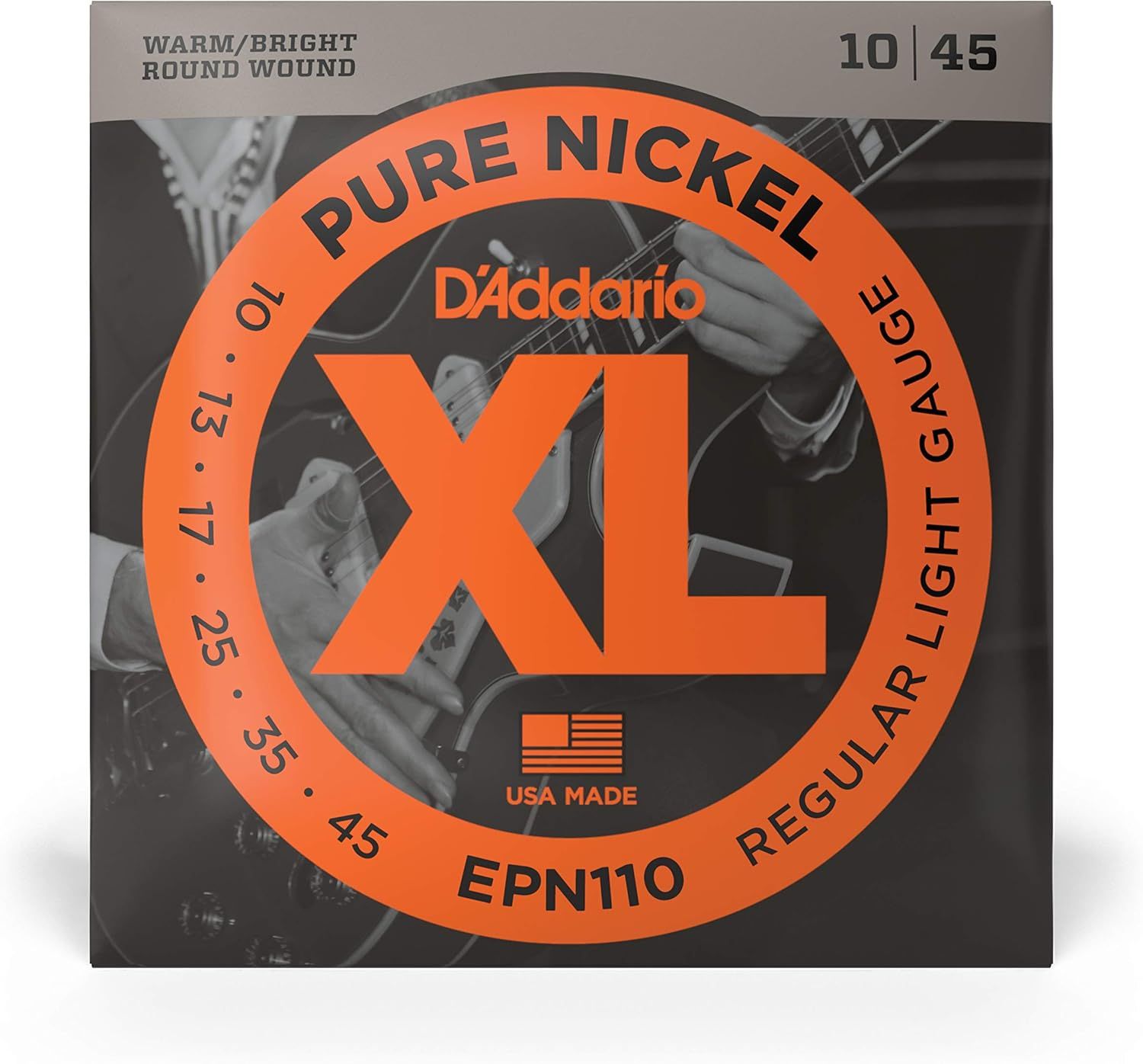Communicates multiple key features of the guitar strings including material composition, tonal quality, construction type, manufacturing origin, and gauge specifications to help shoppers understand…