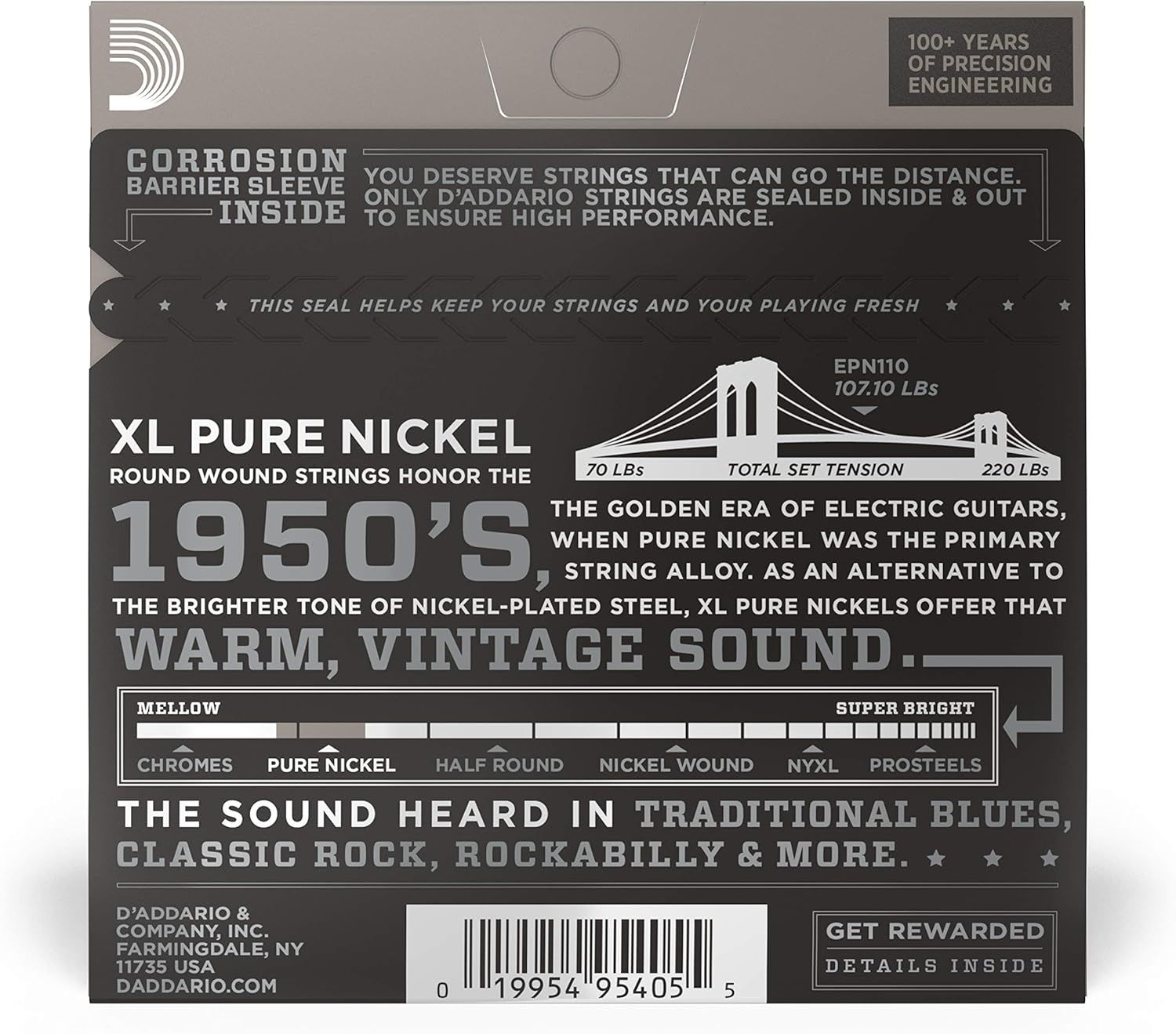 Communicates multiple selling points of the guitar strings including corrosion protection, pure nickel composition for vintage tone, and heritage positioning to appeal to musicians seeking authentic…