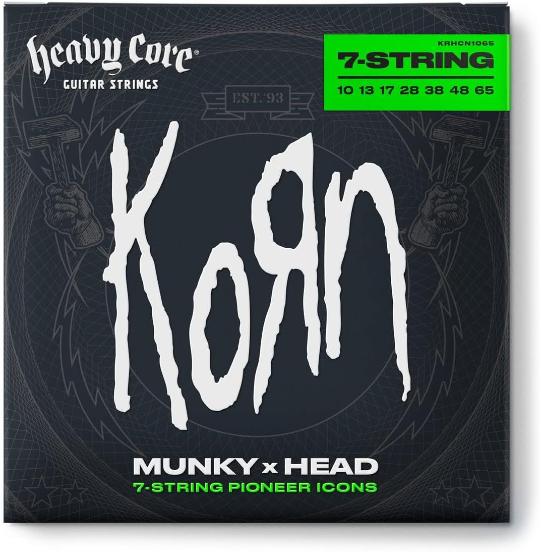 Emphasizes the brand partnership between Heavy Core Guitar Strings and the band Korn, reinforcing brand identity and appealing to fans of the band and 7-string guitar players.