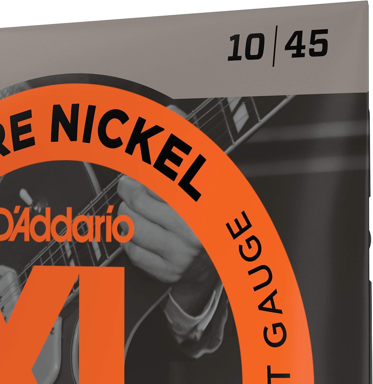 Communicates the exact gauge measurement (10/45) of the guitar strings to help shoppers select the correct string thickness for their playing style and instrument.