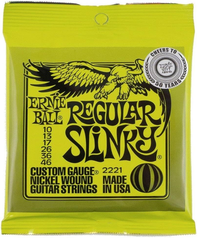 Shows the actual product packaging as it will appear when received, helping shoppers recognize the Ernie Ball Regular Slinky guitar strings brand and gauge specifications.