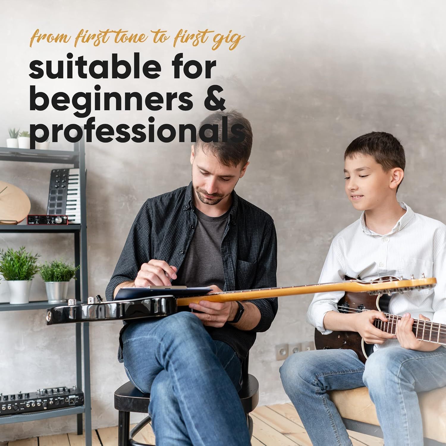 Demonstrates the product's versatility by showing it can be used by both beginners learning guitar and professional musicians, expanding the target audience.
