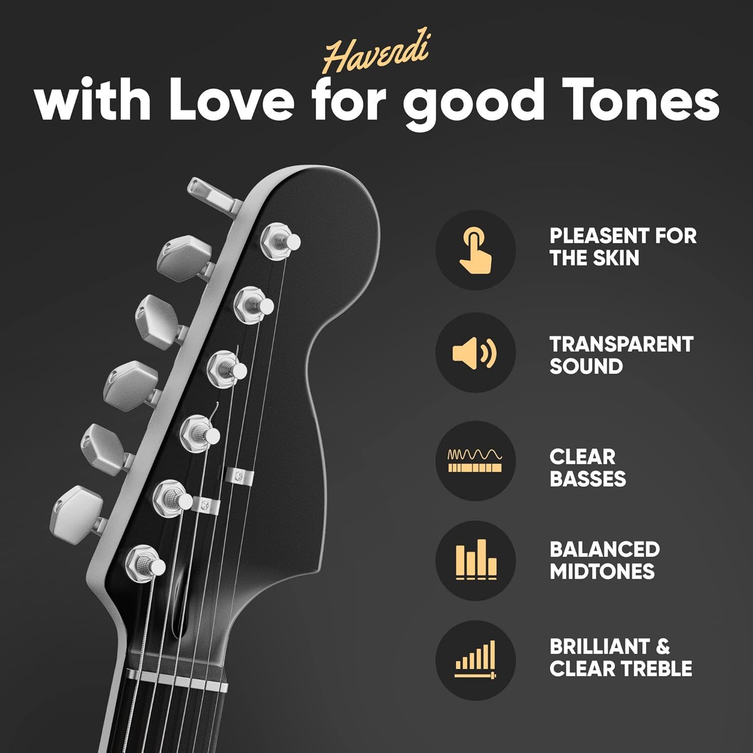 Showcases five distinct audio and comfort benefits of the guitar strings to help shoppers understand the comprehensive quality and performance features of the product.