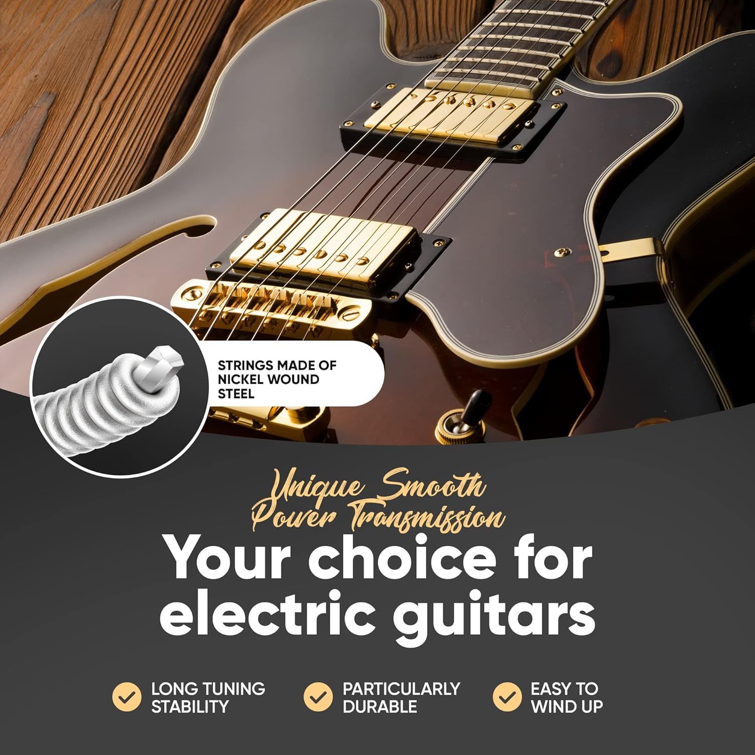 Showcases multiple benefits of the guitar strings including material composition, tuning stability, durability, and ease of use to convince shoppers this is the ideal choice for electric guitars.