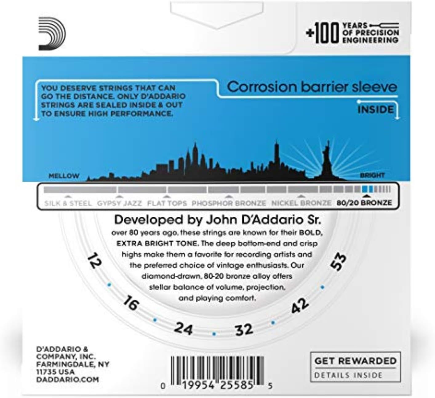 Communicates multiple selling points of the guitar strings including the protective corrosion barrier technology, the specific bronze alloy composition, tonal characteristics, and the brand's 100+…