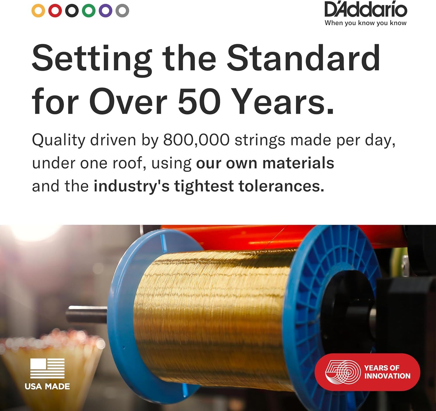 Emphasizes D'Addario's 50+ year legacy and manufacturing expertise to build trust and reinforce brand authority in the guitar string market.