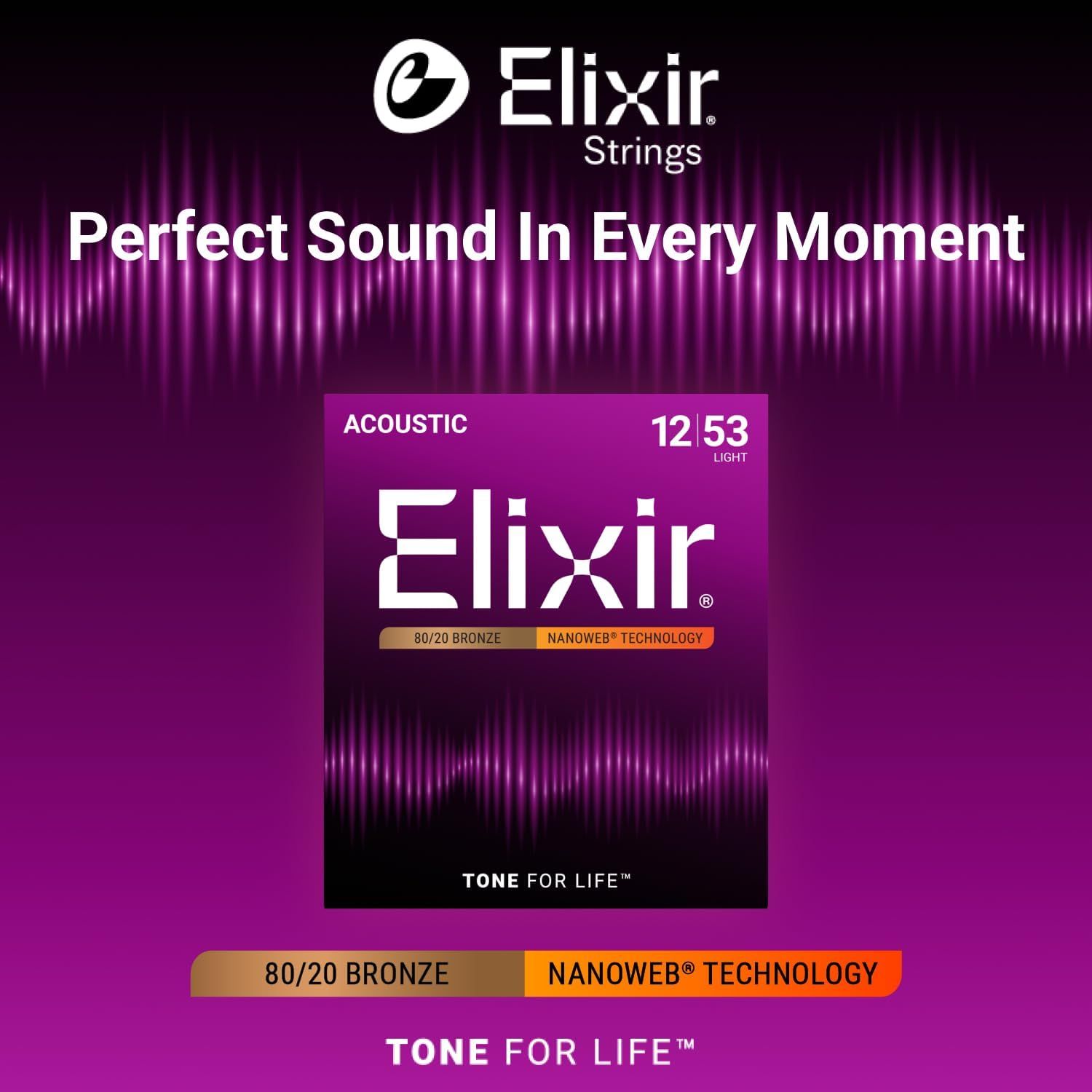 Emphasizes the Elixir Strings brand identity and emotional positioning with the tagline Perfect Sound In Every Moment and TONE FOR LIFE to build brand trust and lifestyle association.