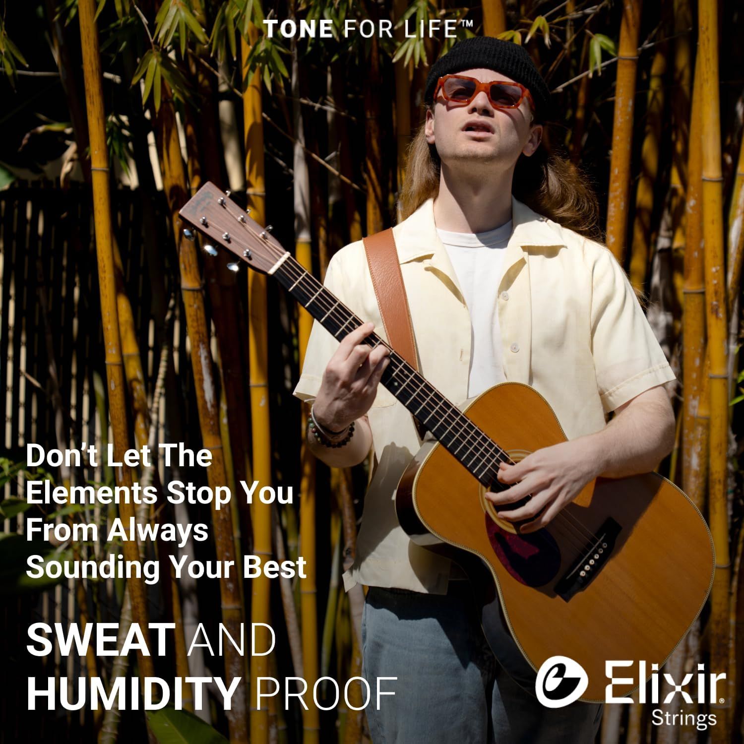 Communicates that the guitar strings are resistant to sweat and humidity, ensuring consistent performance in challenging environmental conditions.