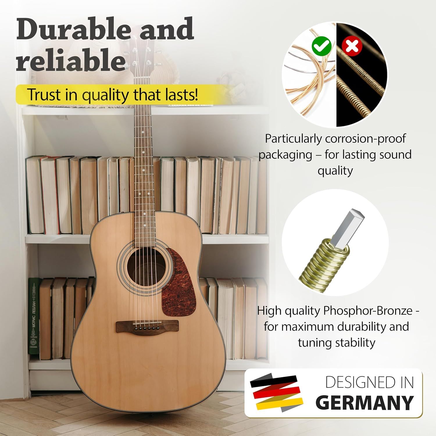 Communicates multiple durability and quality features of the guitar strings, including corrosion-proof packaging for lasting sound quality and high-quality Phosphor-Bronze material for maximum…