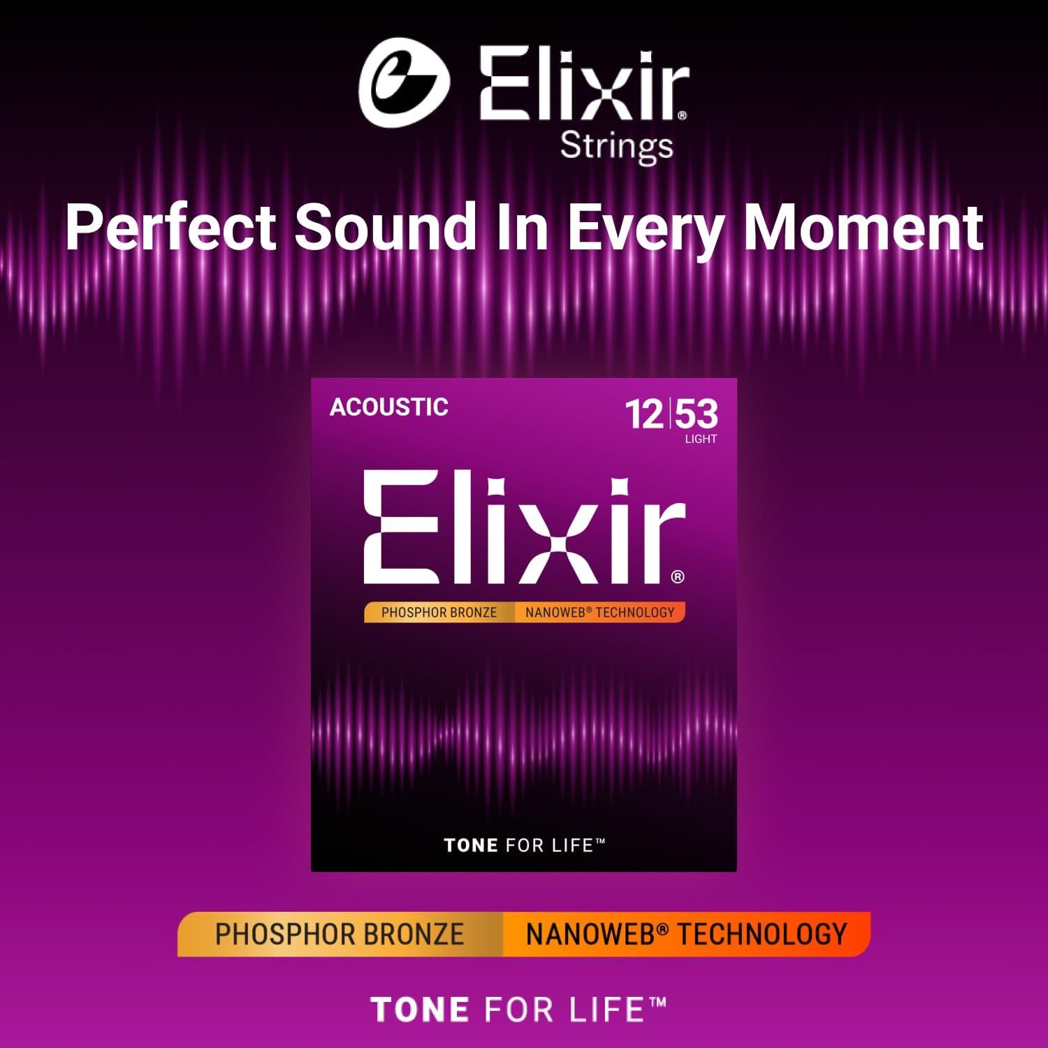 Emphasizes the Elixir brand identity and emotional positioning with the slogan Perfect Sound In Every Moment and Tone for Life to build trust and brand recognition.