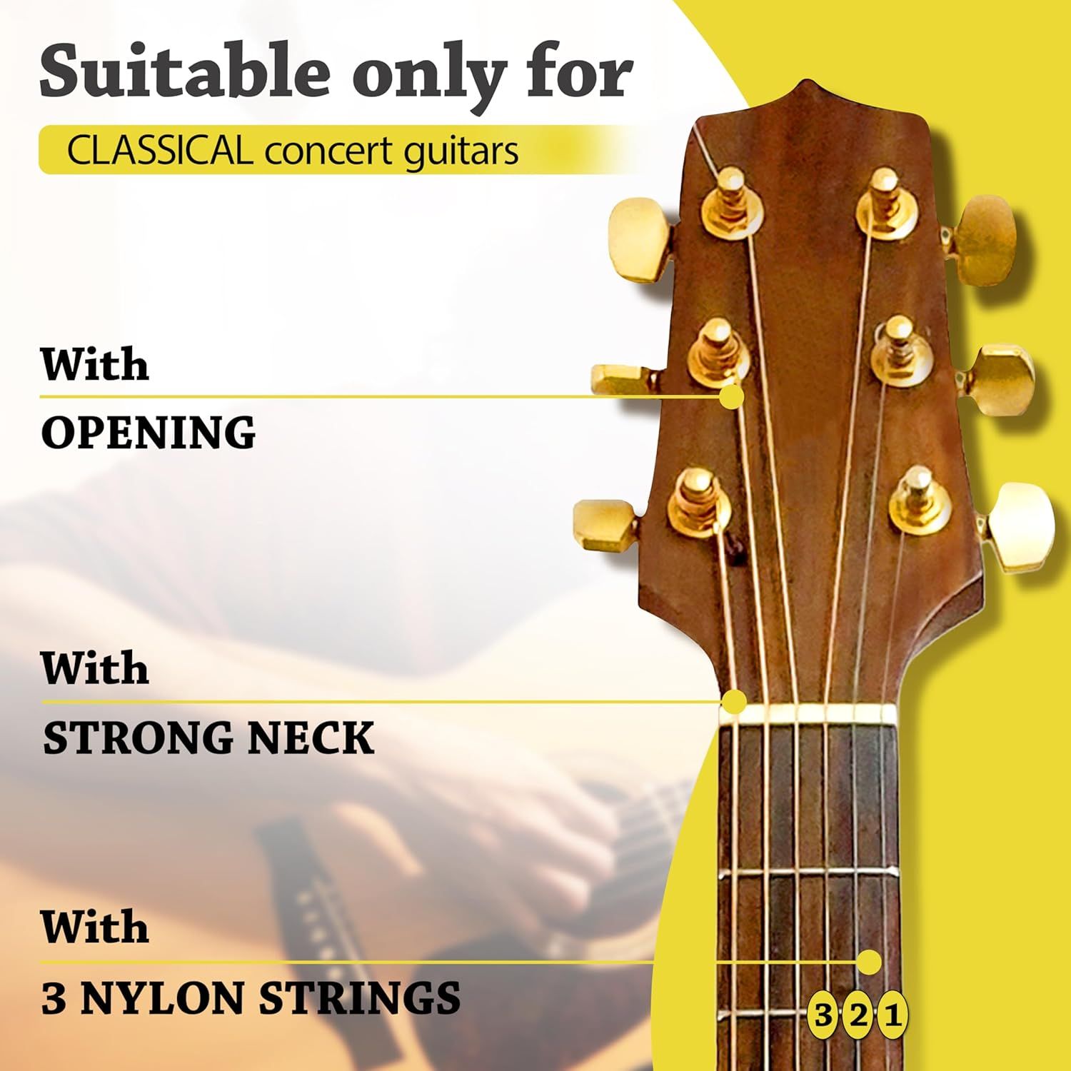 Communicates that the product is specifically designed for classical concert guitars with an opening, strong neck, and 3 nylon strings to ensure proper fit and compatibility.