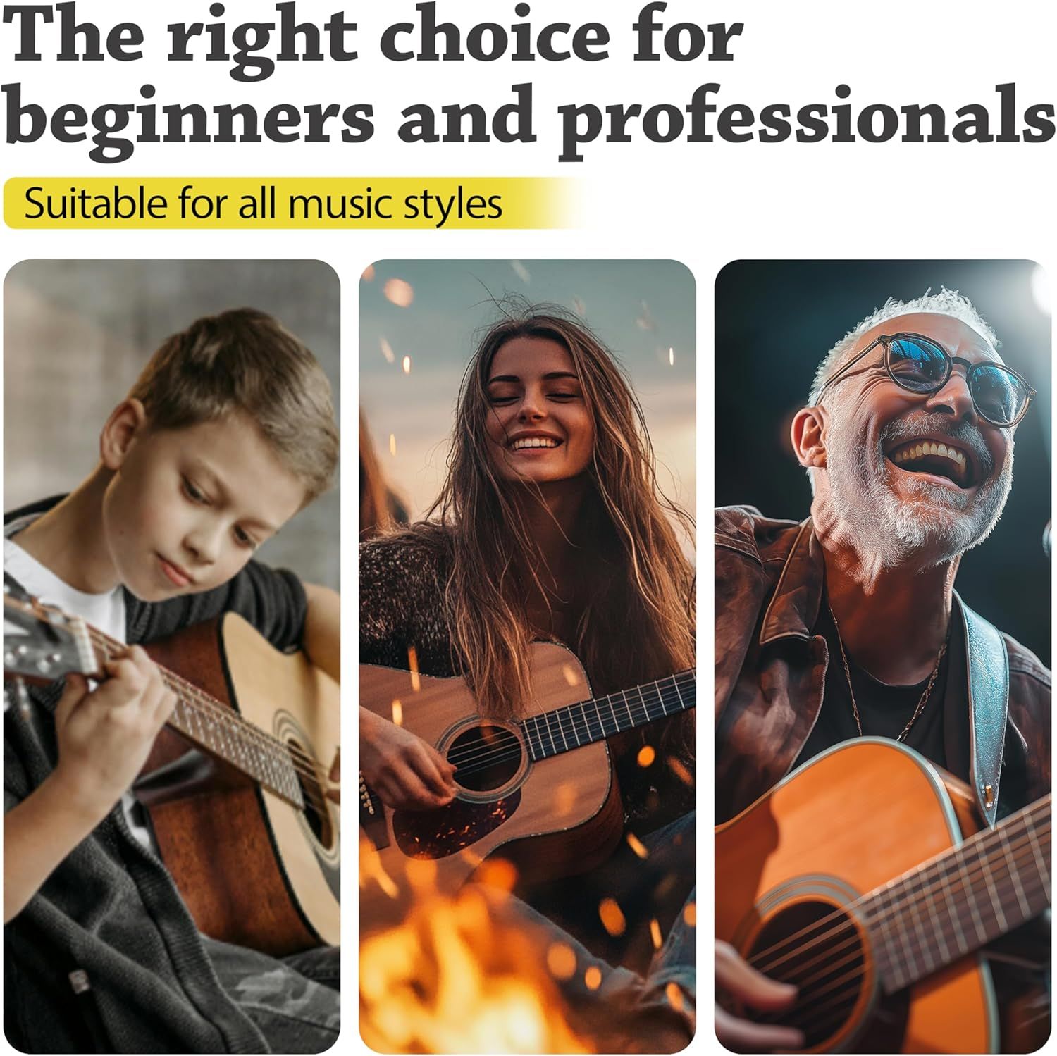 Demonstrates that the product is suitable for a wide range of users from beginners to professionals across different ages and music styles, emphasizing versatility and broad appeal.