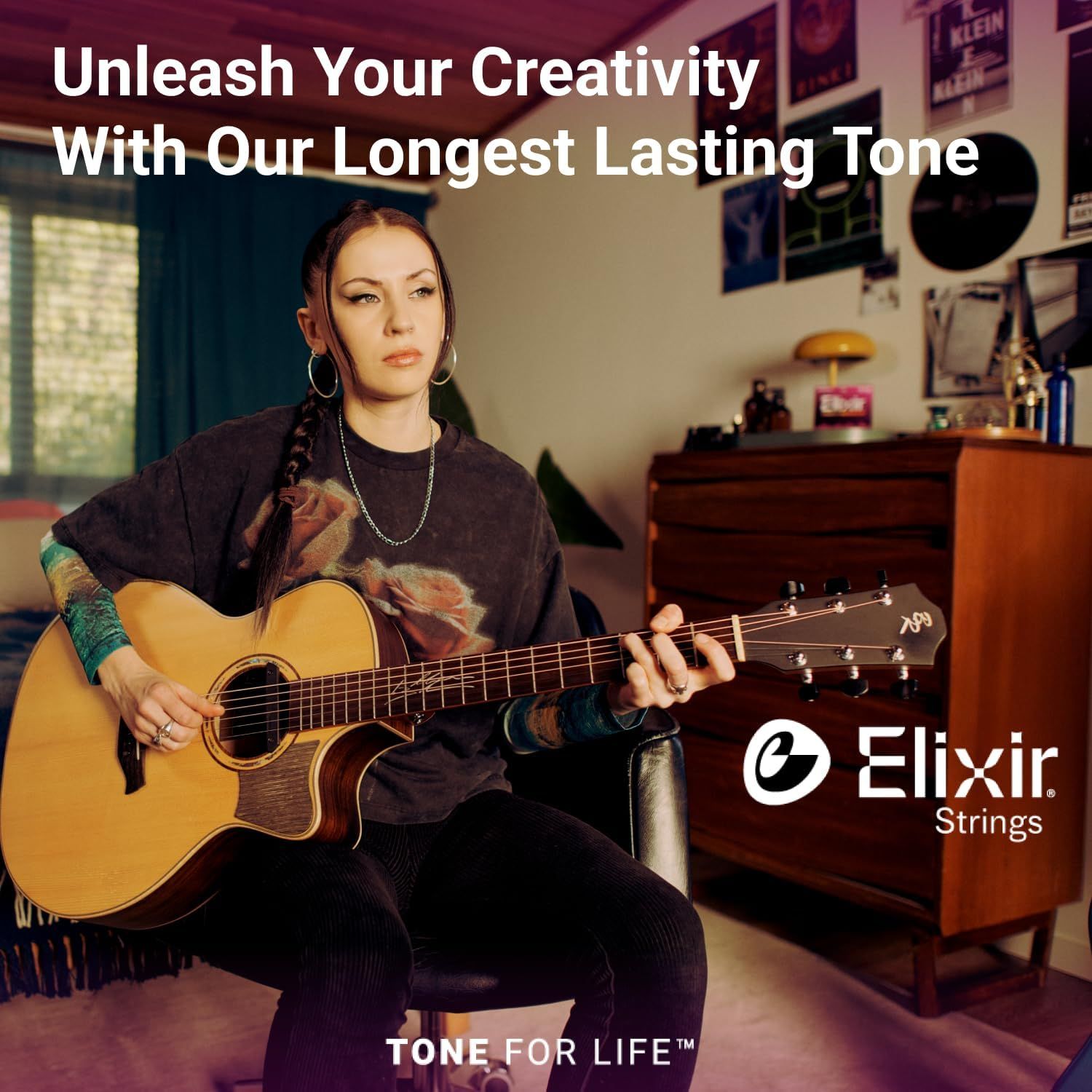 Communicates that Elixir Strings provide the longest lasting tone for musicians, emphasizing durability and sustained sound quality.