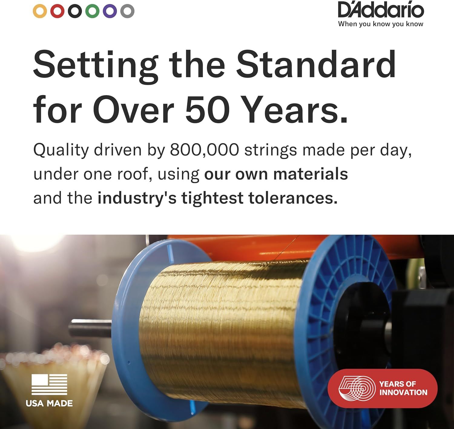 Emphasizes D'Addario's 50+ year legacy, manufacturing scale, proprietary materials, and quality standards to build trust and reinforce brand authority in the string instrument market.