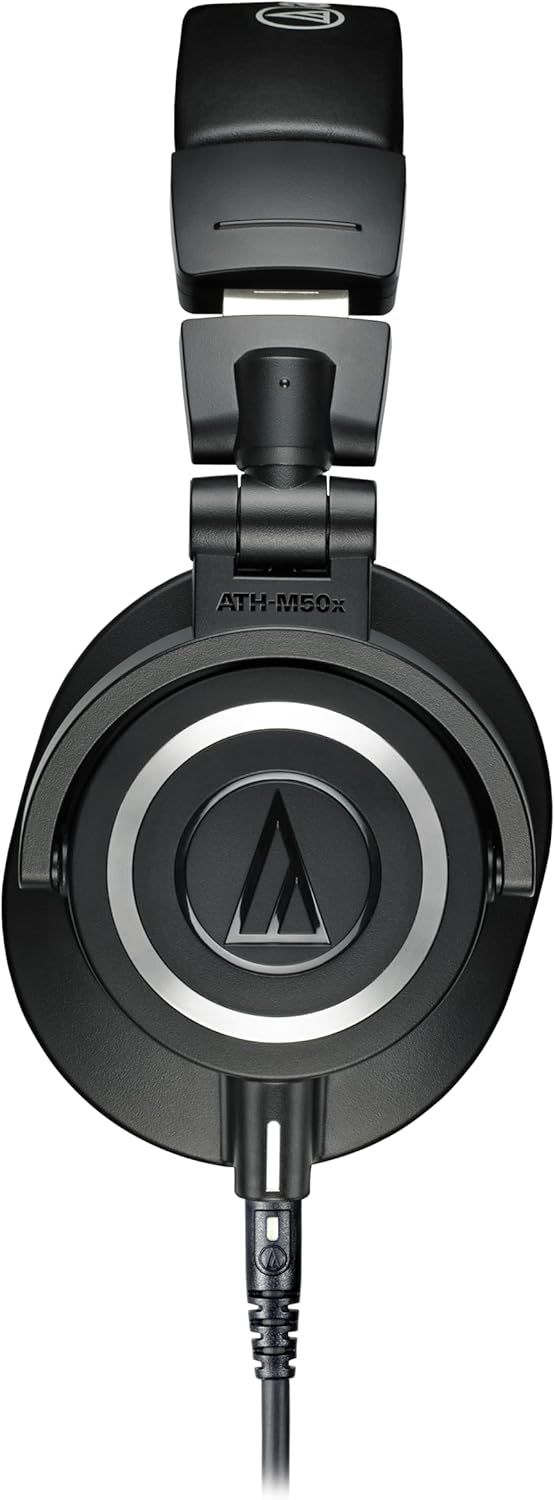 Displays the physical structure and key components of the headphones including the adjustable headband mechanism, rotating ear cups, and model identification to help shoppers understand the…