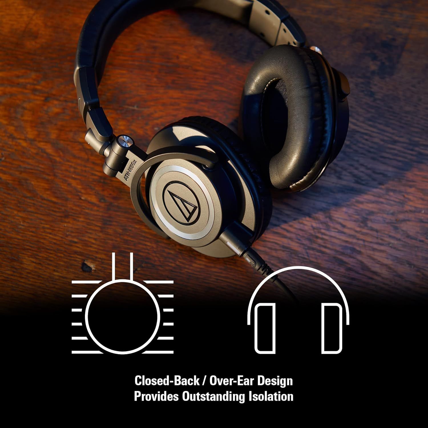 Communicates that the headphones feature a closed-back over-ear design that provides outstanding sound isolation for an immersive listening experience.
