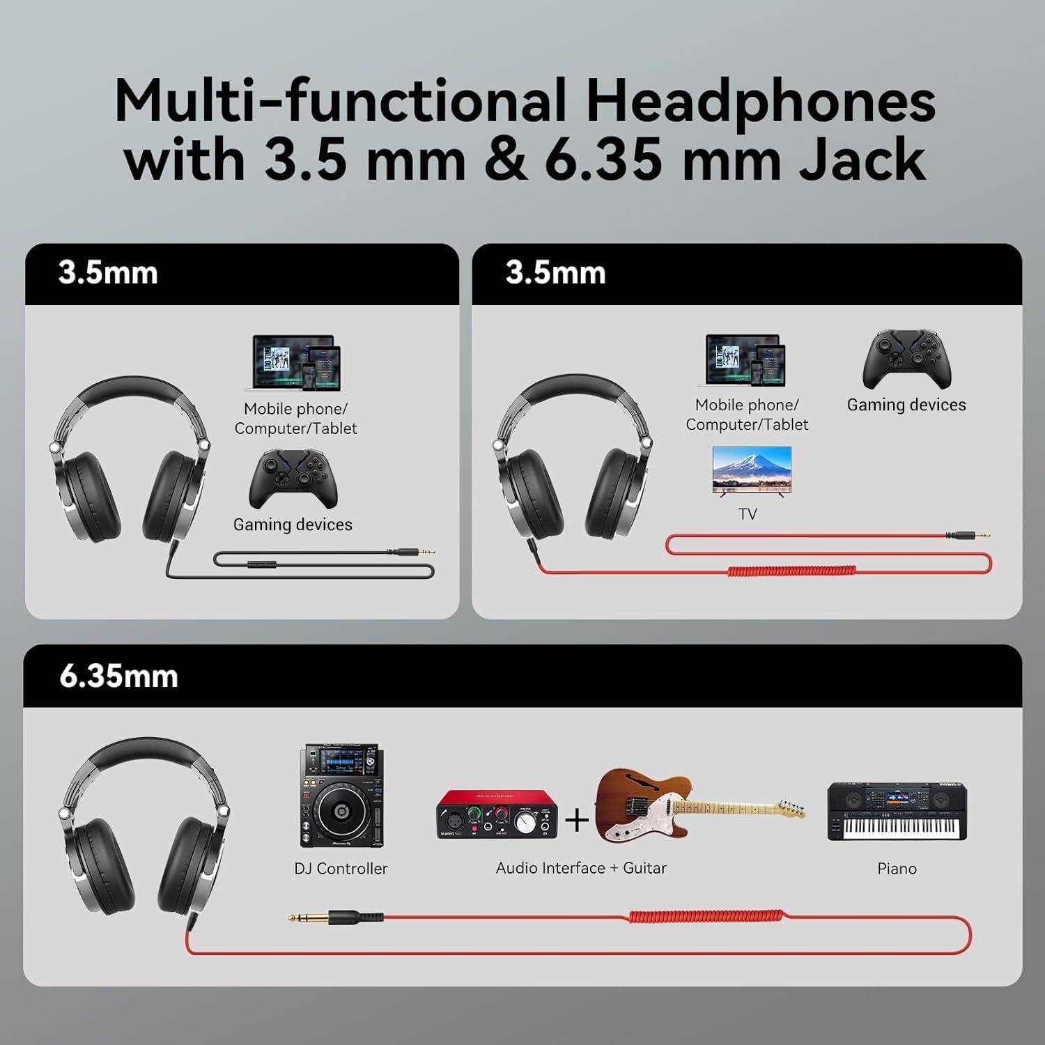 Demonstrates the headphones work with a wide range of devices including mobile phones, computers, tablets, gaming devices, TVs, DJ controllers, audio interfaces, guitars, and pianos through two…