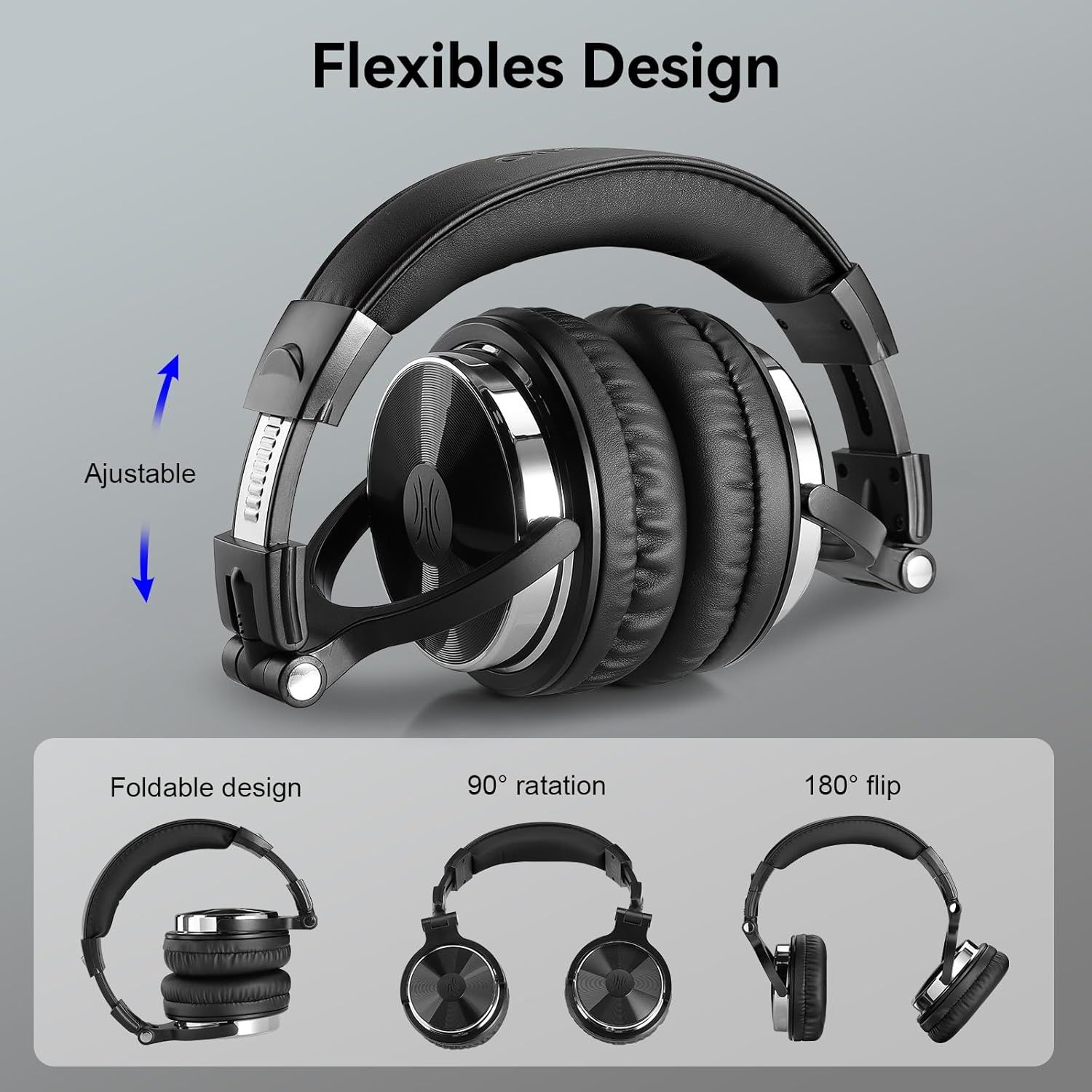 Showcases multiple flexibility and adjustability features of the headphones to demonstrate versatility, comfort customization, and portability for different use cases.