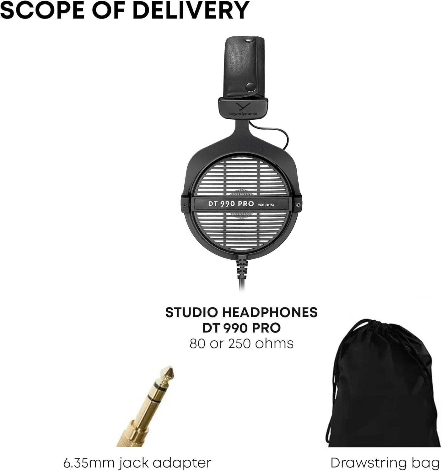 Shows the customer everything included in the purchase: the DT 990 PRO studio headphones, a 6.35mm jack adapter, and a drawstring storage bag.