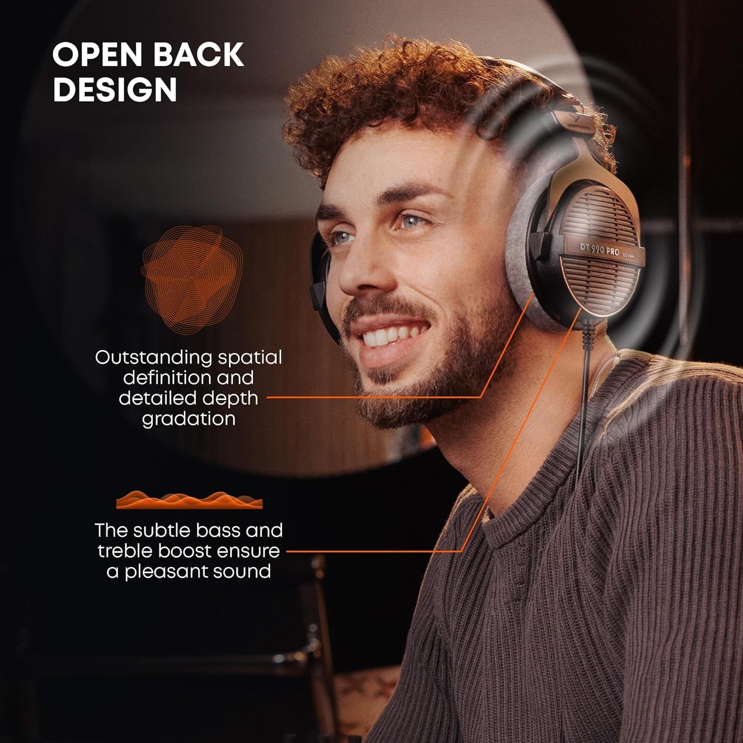Communicates multiple audio quality benefits of the headphones including the open back design for spatial definition and enhanced bass and treble for pleasant sound.