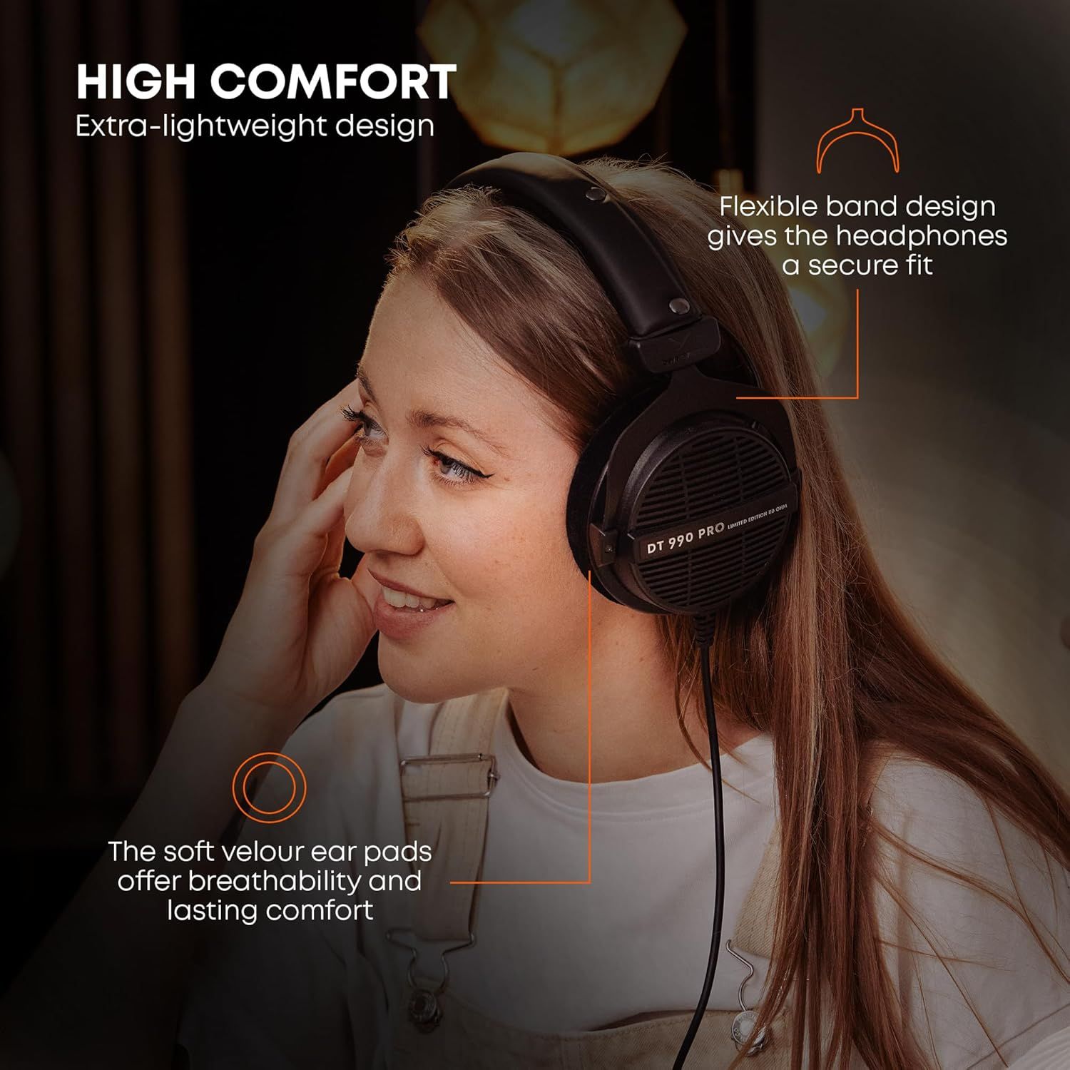 Communicates multiple comfort-focused features of the headphones including lightweight construction, secure flexible band fit, and breathable soft ear pads to reassure shoppers about long-term…