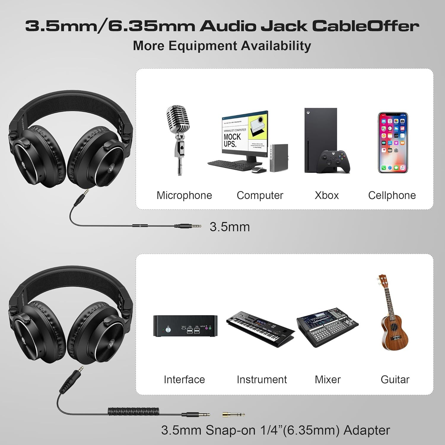 Demonstrates that the audio jack cable is compatible with a wide range of devices including microphones, computers, Xbox, cellphones, audio interfaces, instruments, mixers, and guitars, reassuring…