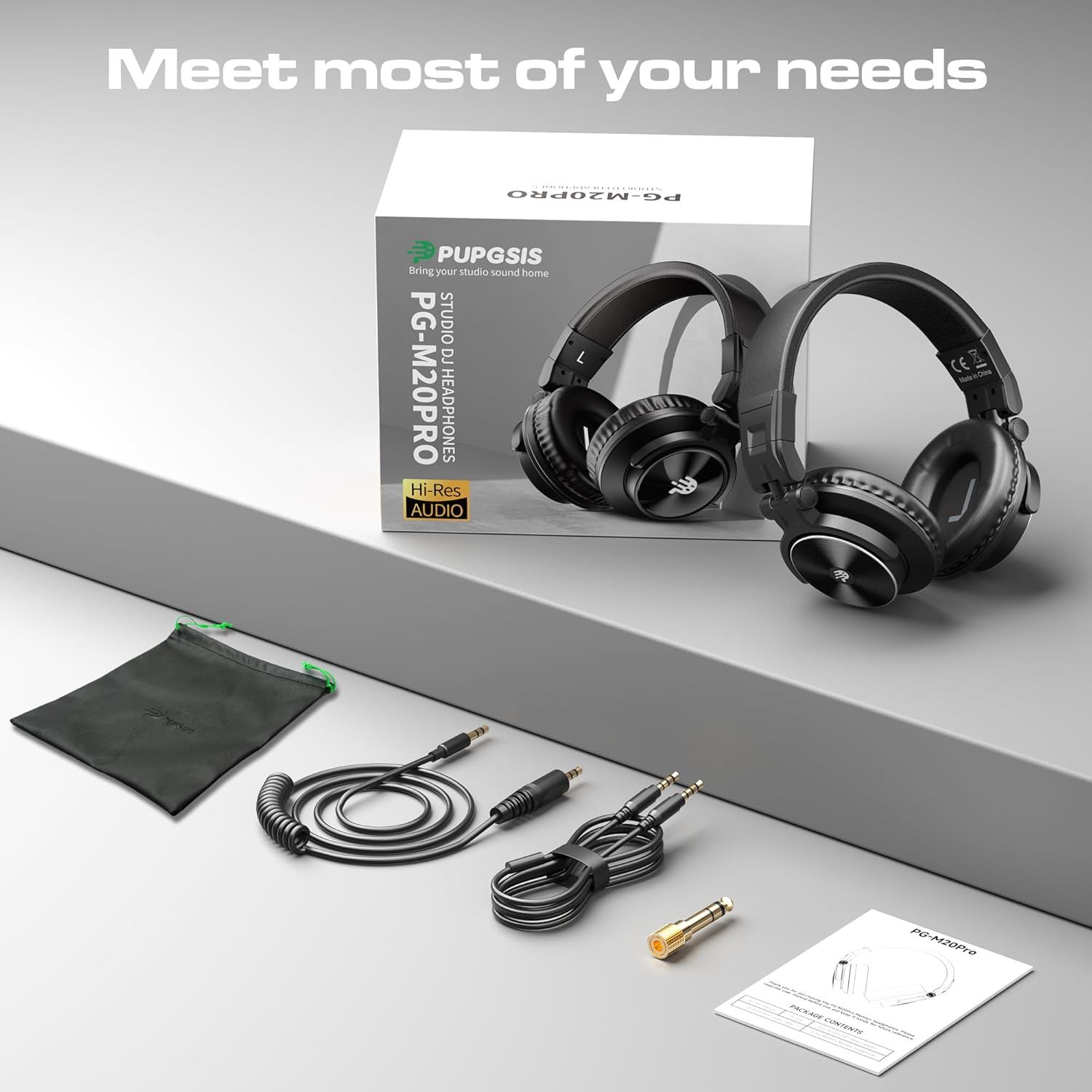 Shows everything included in the box: headphones, carrying pouch, multiple audio cables, adapter, and instruction manual to help shoppers understand the full value of their purchase.