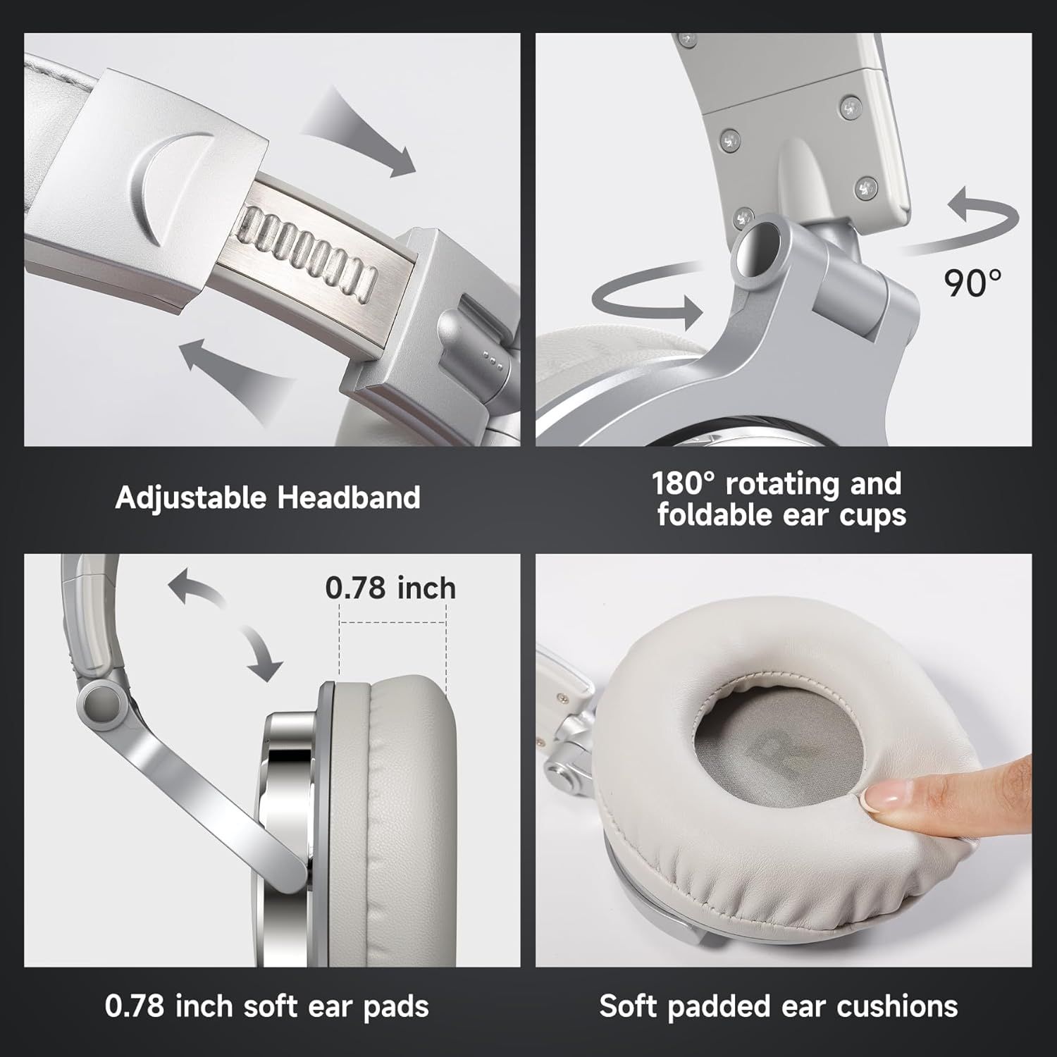 Showcases multiple comfort and adjustability features of the headphones to demonstrate versatility and user-friendly design for potential buyers.