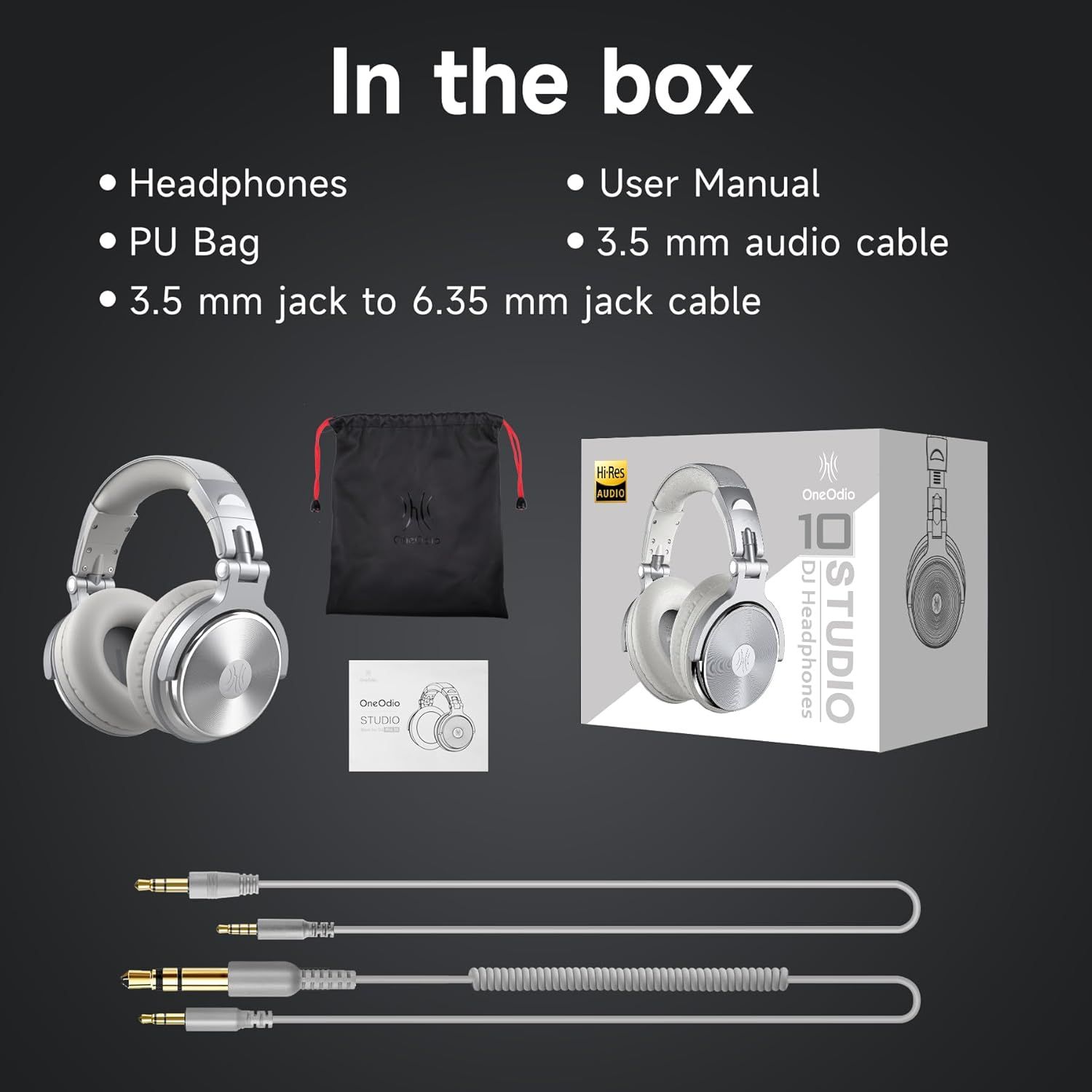 Shows everything included in the box when purchasing the headphones, including accessories like cables, carrying bag, and manual to set clear expectations for the buyer.