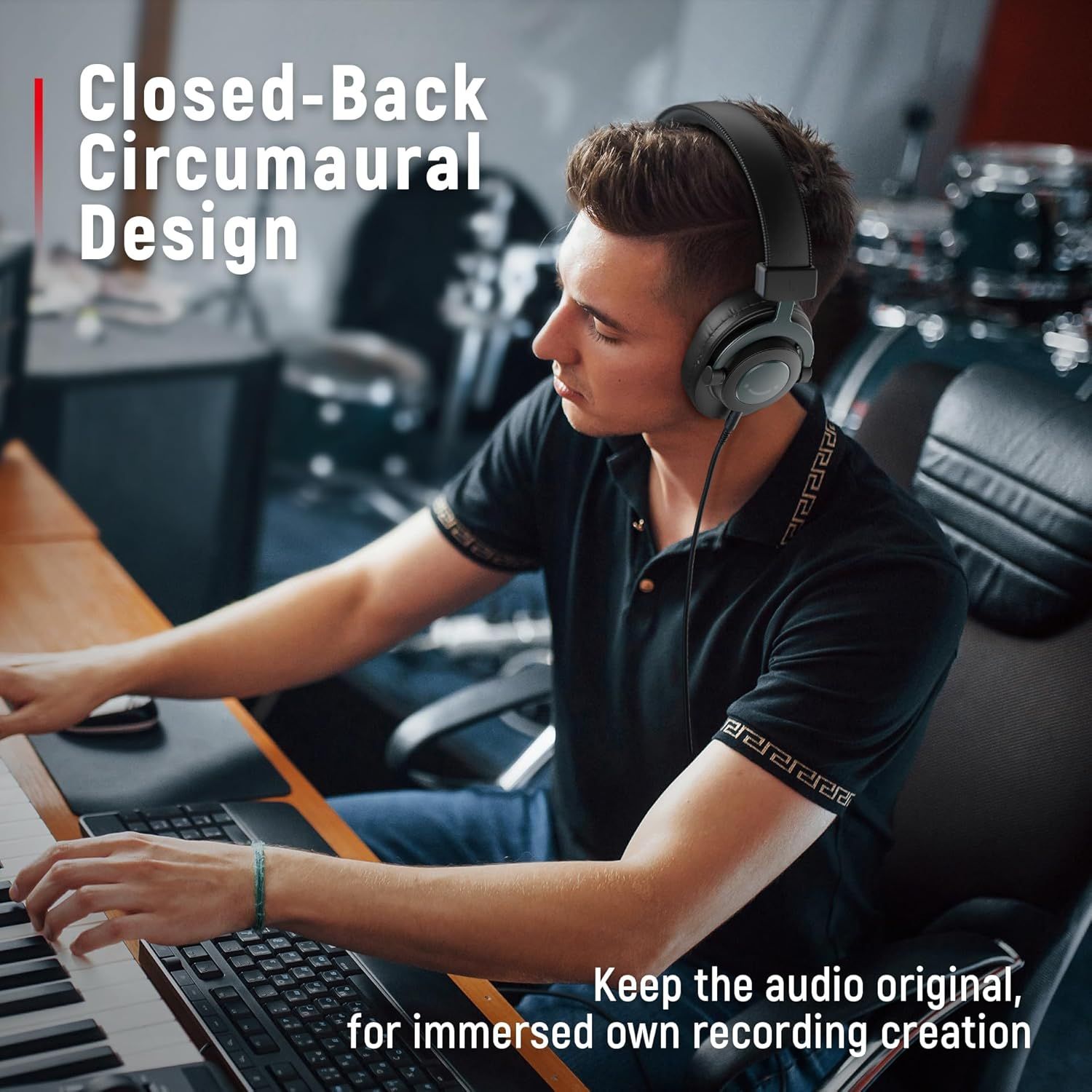 Highlights the closed-back circumaural design feature to communicate superior audio isolation and immersive sound quality for recording and content creation.