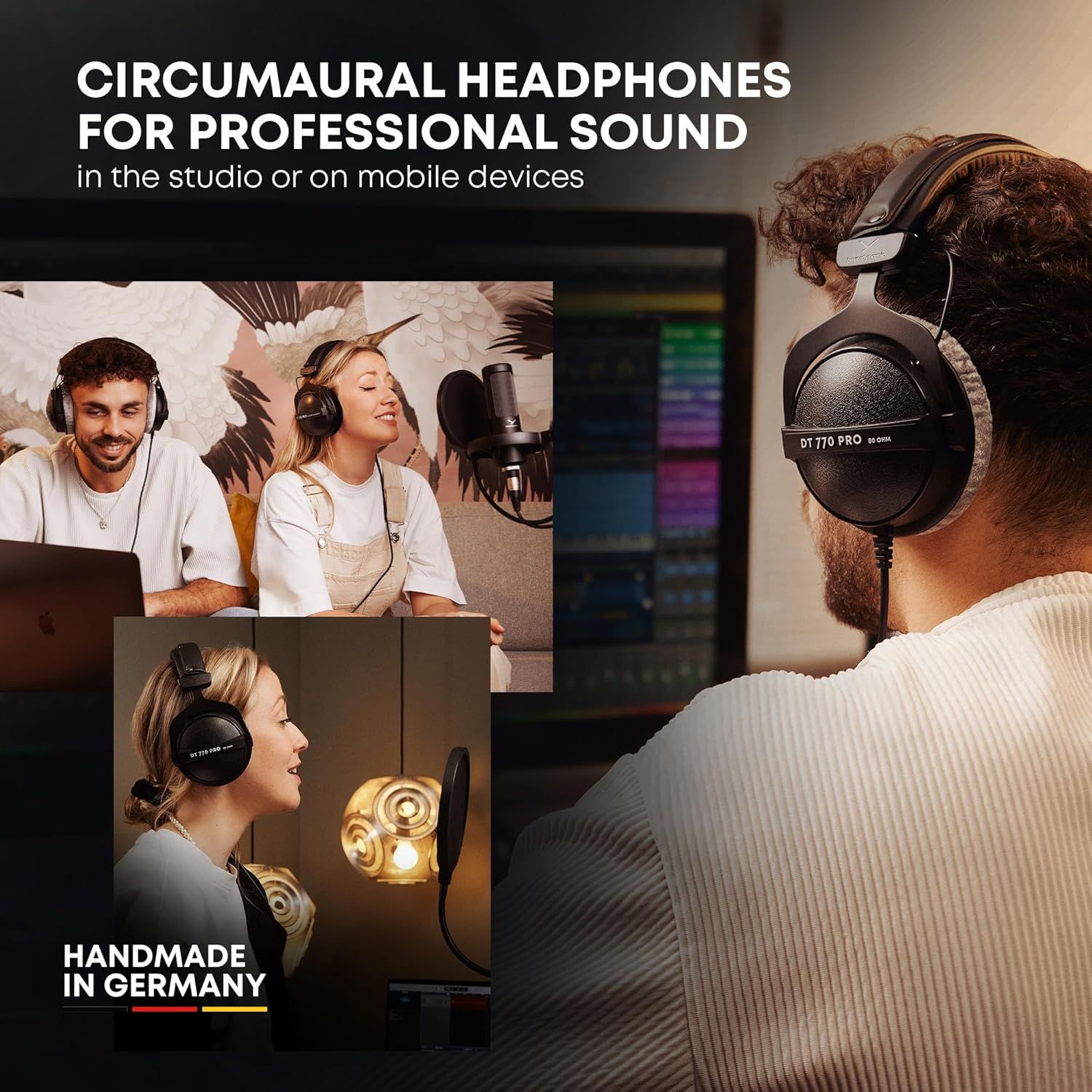 Demonstrates the versatility of the circumaural headphones by showing multiple use cases including studio recording, podcasting, and mobile device listening to communicate the product works across…