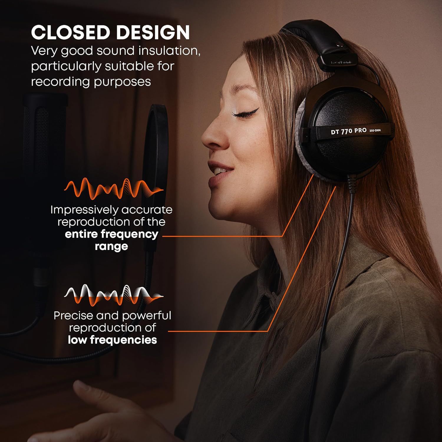 Communicates multiple audio performance benefits of the headphones including closed design for sound insulation, accurate full-range frequency reproduction, and precise low frequency reproduction to…