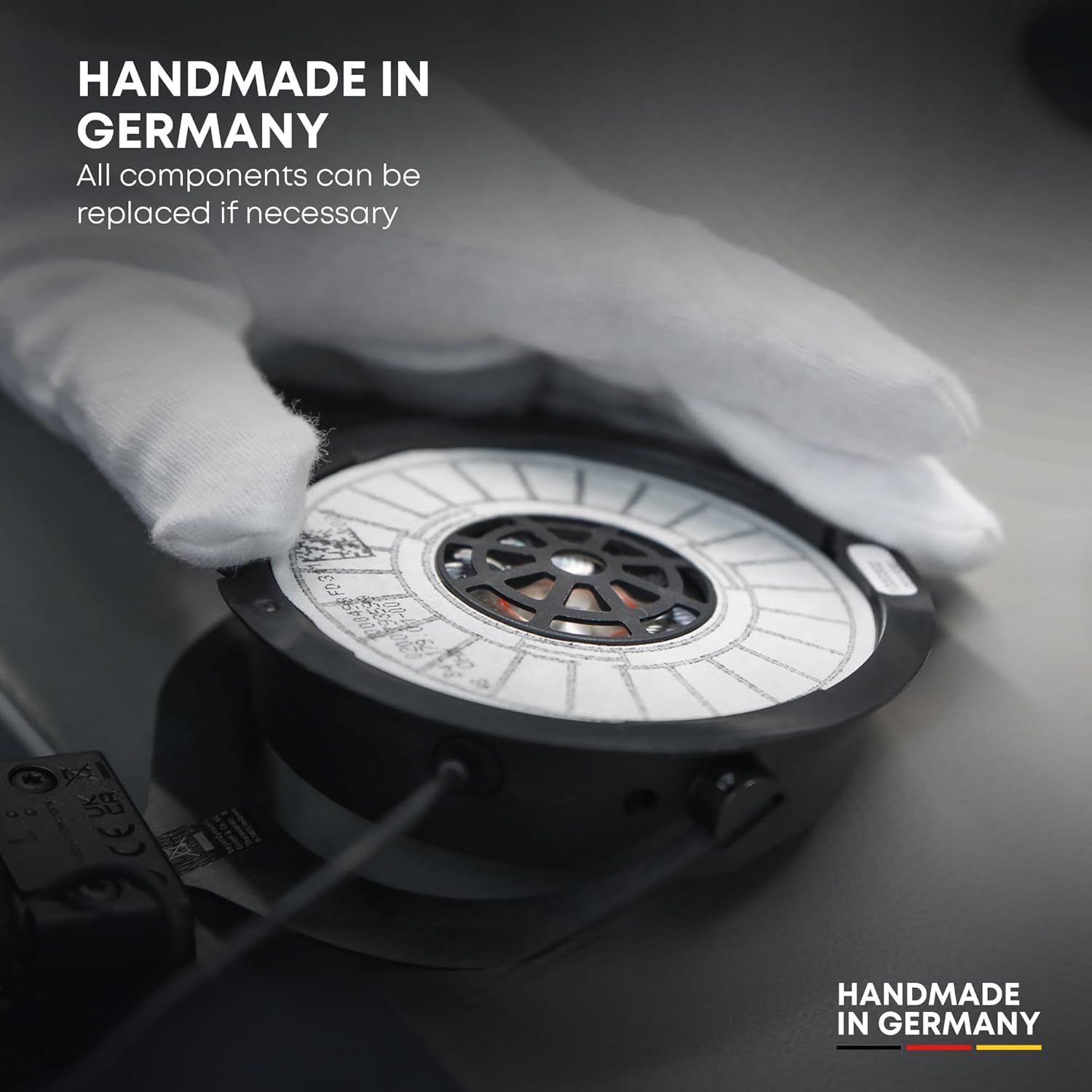 Communicates the premium craftsmanship and origin of the product while reassuring shoppers that components can be replaced for longevity and sustainability.