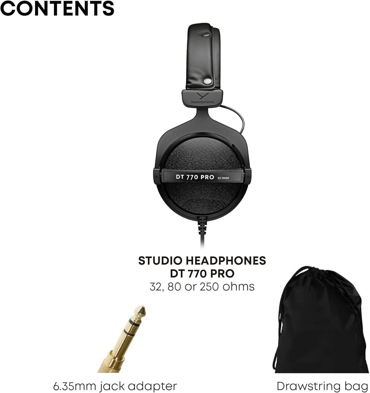 Shows the customer everything included in the package: the DT 770 PRO studio headphones, a 6.35mm jack adapter, and a drawstring storage bag.