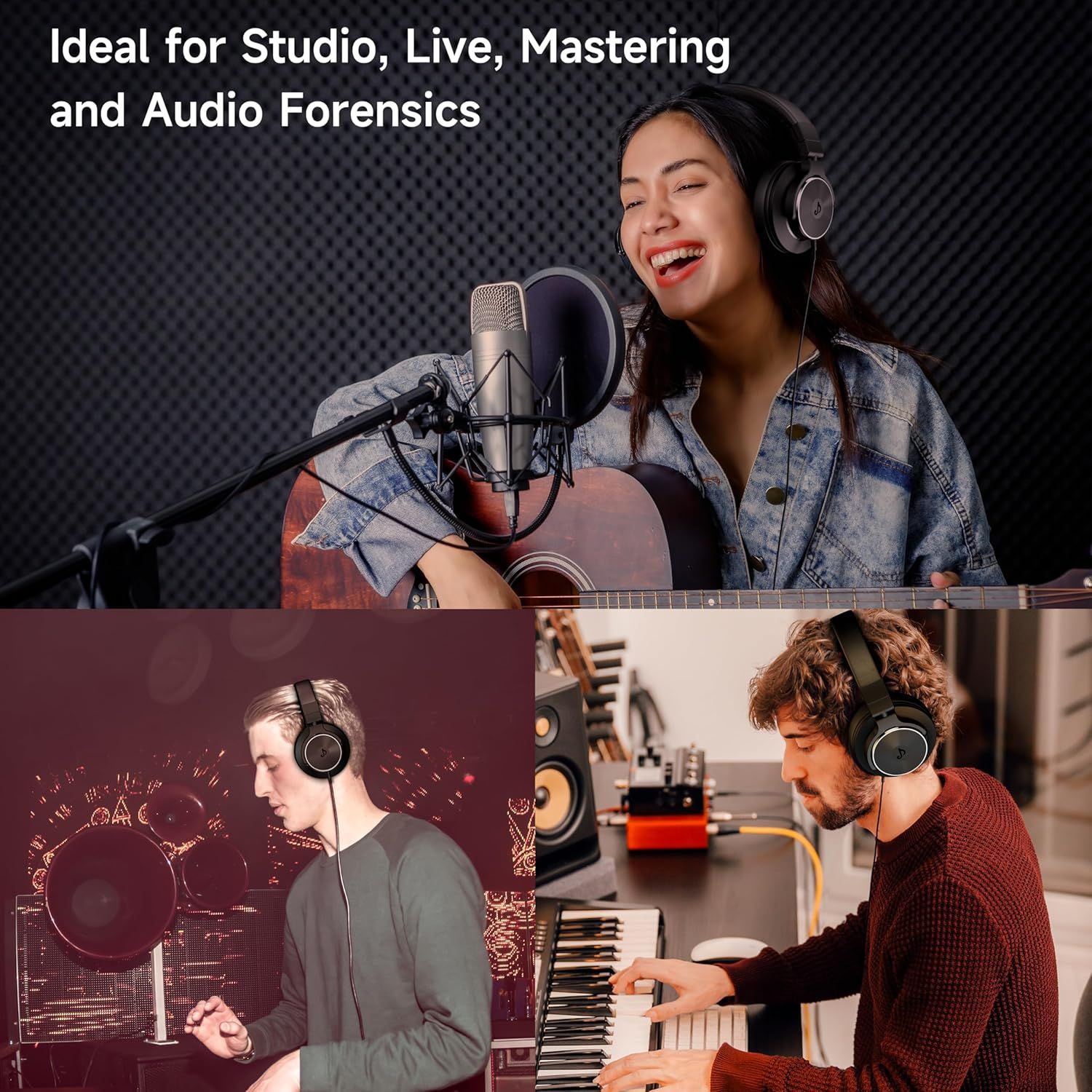 Demonstrates the versatility of the headphones across multiple professional audio use cases including studio recording, live performance, mastering, and audio forensics to show shoppers the product…