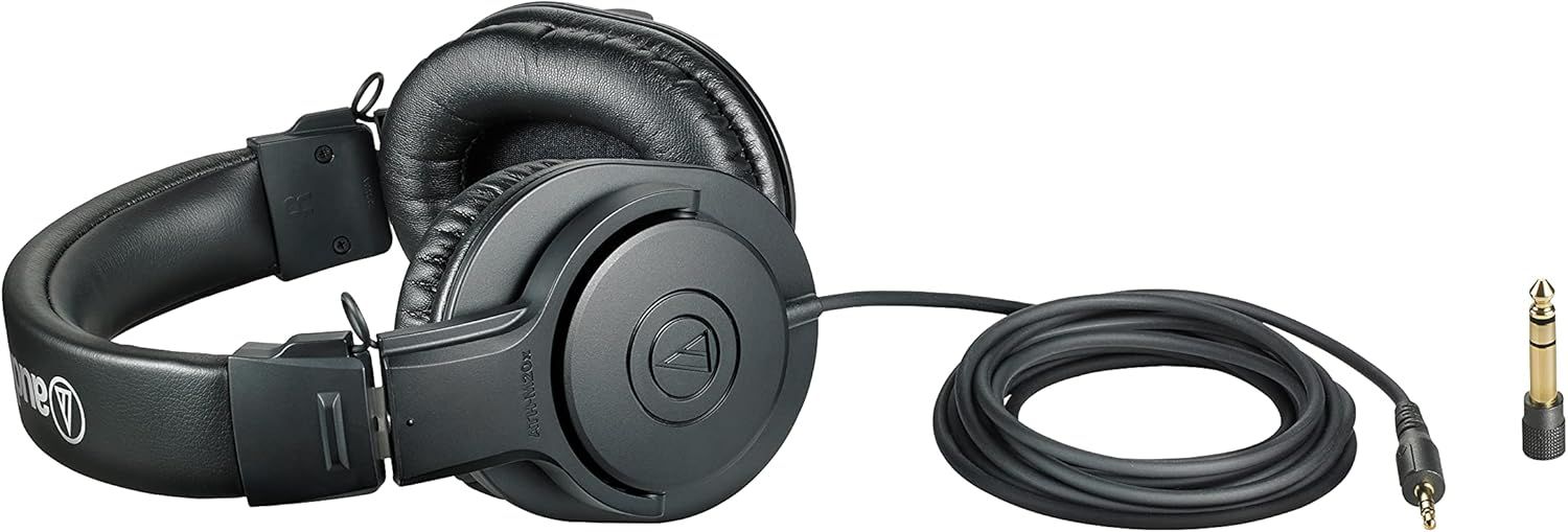 Shows the customer everything included in the package: the headphones, audio cable, and adapter, helping them understand what they will receive upon purchase.