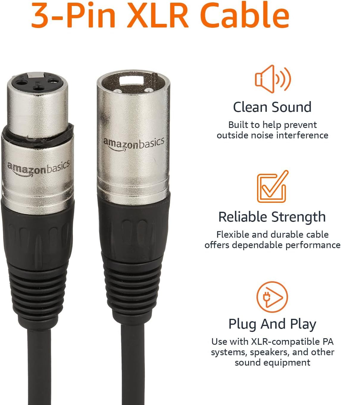 Showcases three key benefits of the XLR cable: noise interference prevention for clean sound, flexible and durable construction for reliable strength, and easy compatibility with XLR-compatible…